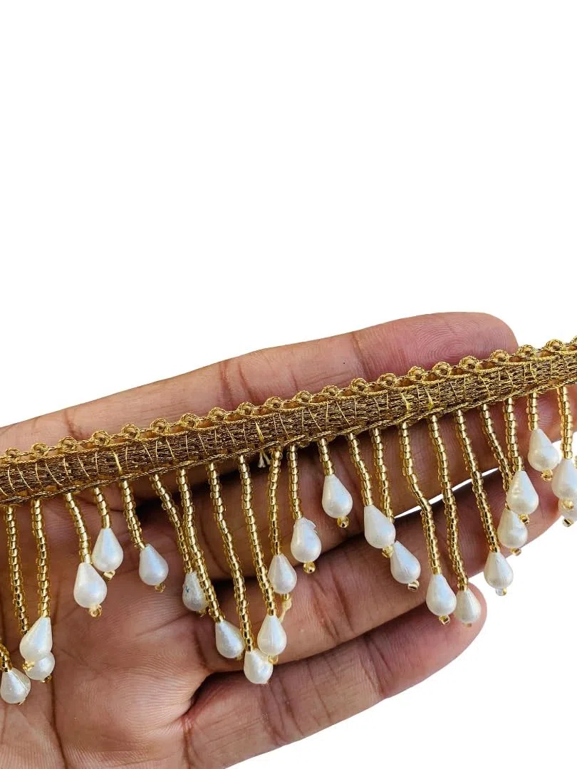 Bordo con frange a goccia da 5,7 cm, in pizzo dorato decorativo con perline a goccia, disponibile in 1, 3, 6 m, ideale per sari, abiti, tende, decorazioni fai da te (3)
