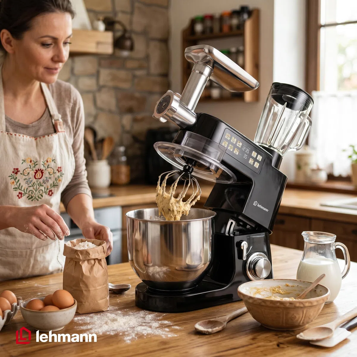 LEHMANN Teyles Impastatrice Planetaria Professionale 2100W 8L con Bilancia Integrata, Touchscreen e Ciotola Riscaldata, Blender 1,5L, Tritacarne, Planetaria per Pane e Pizza, Nero