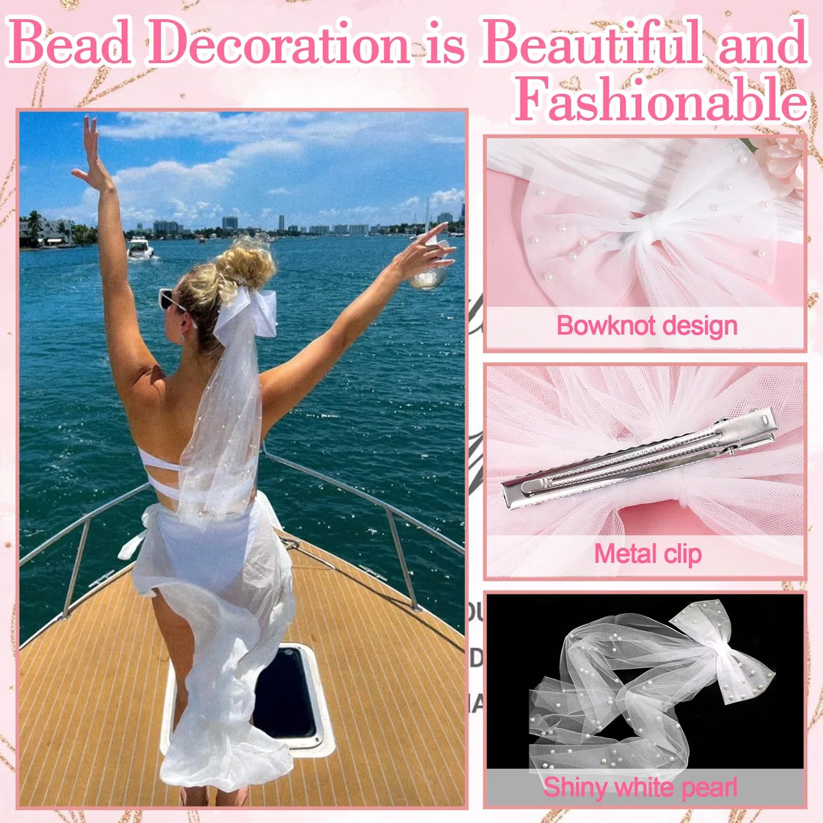 YeahBoom Addio Nubilato Decorazione,Velo da Sposa Bianco con Fiocco,Bride to Be Addio al Nubilato 5 Pack Gadget Sposa - Velo, Fusciacca, Fasce Capelli, Occhiali da Sole Cuore con Perla