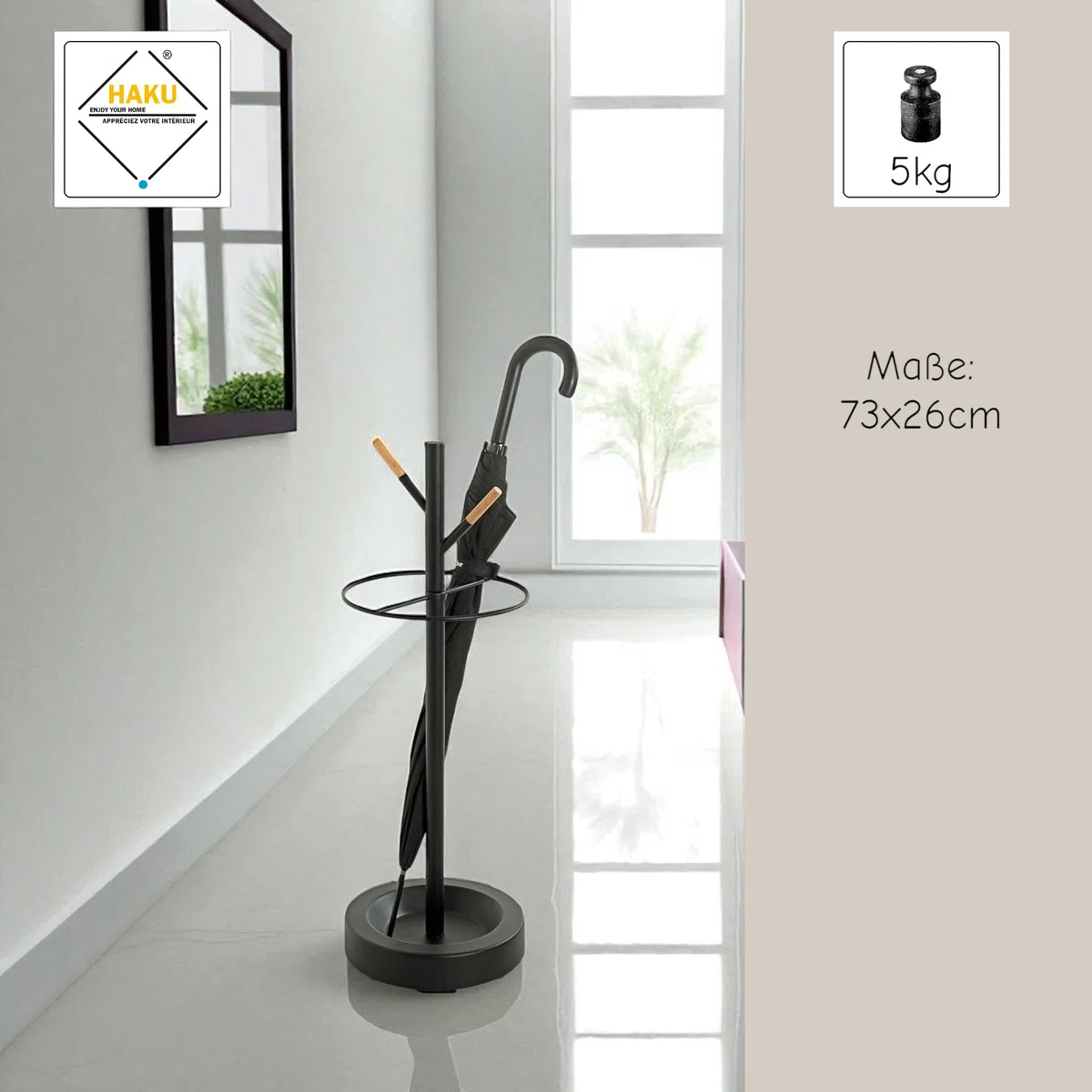 HAKU Portaombrelli faggio, nero, metallo - Dim. A 73 cm x Ø 26 cm, Stile Moderno