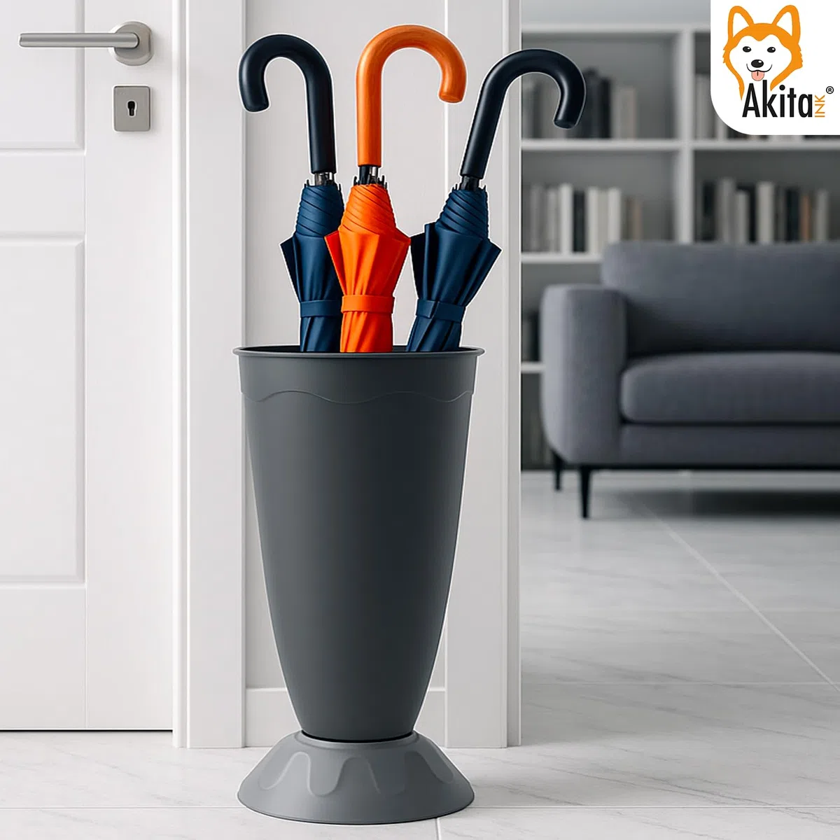 AKITAInk Portaombrelli Vulcano Moderno 27x27x50,5 cm | Porta Ombrelli in Plastica Resistente con Decoro a Onde | Design Elegante e Funzionale per Ingresso Casa o Ufficio (GRIGIO)