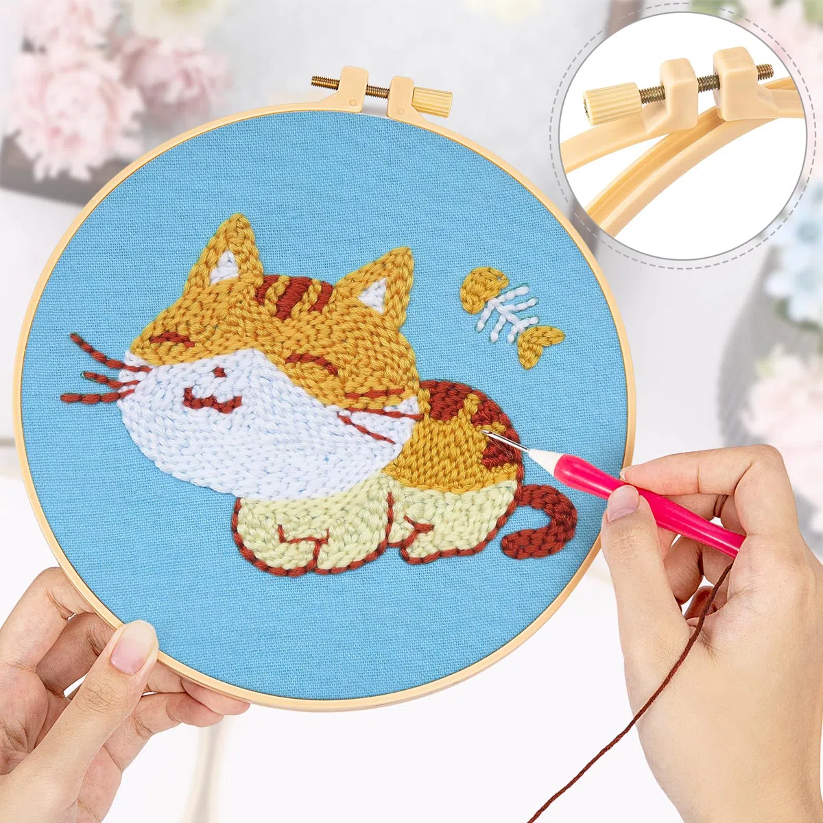JSRQT Punch Needle Starter Kit,Kit di Ricamo per Aghi da Punzonatura con Motivo Gatto,Kit per Principianti per Ricami,Strumento di Ricamo Aghi da Punzonatura per Principianti Bambini Adulti