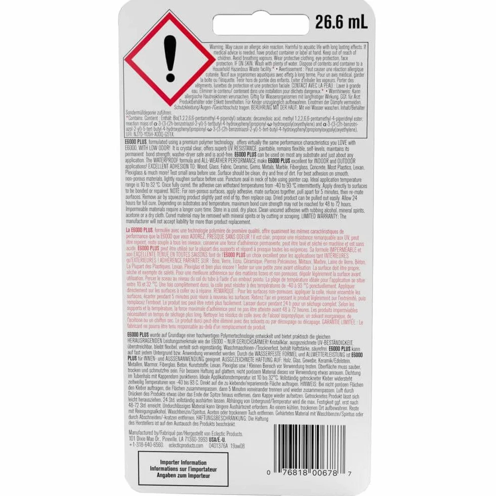 E6000 Plus Colla Trasparente Multiuso, Impermeabile e Verniciabile, Resistente Colla Flessibile per Hobby Creativi per Legno, Vetro, Tessuto, Ceramica, Metallo e Altro, 26,6 ml