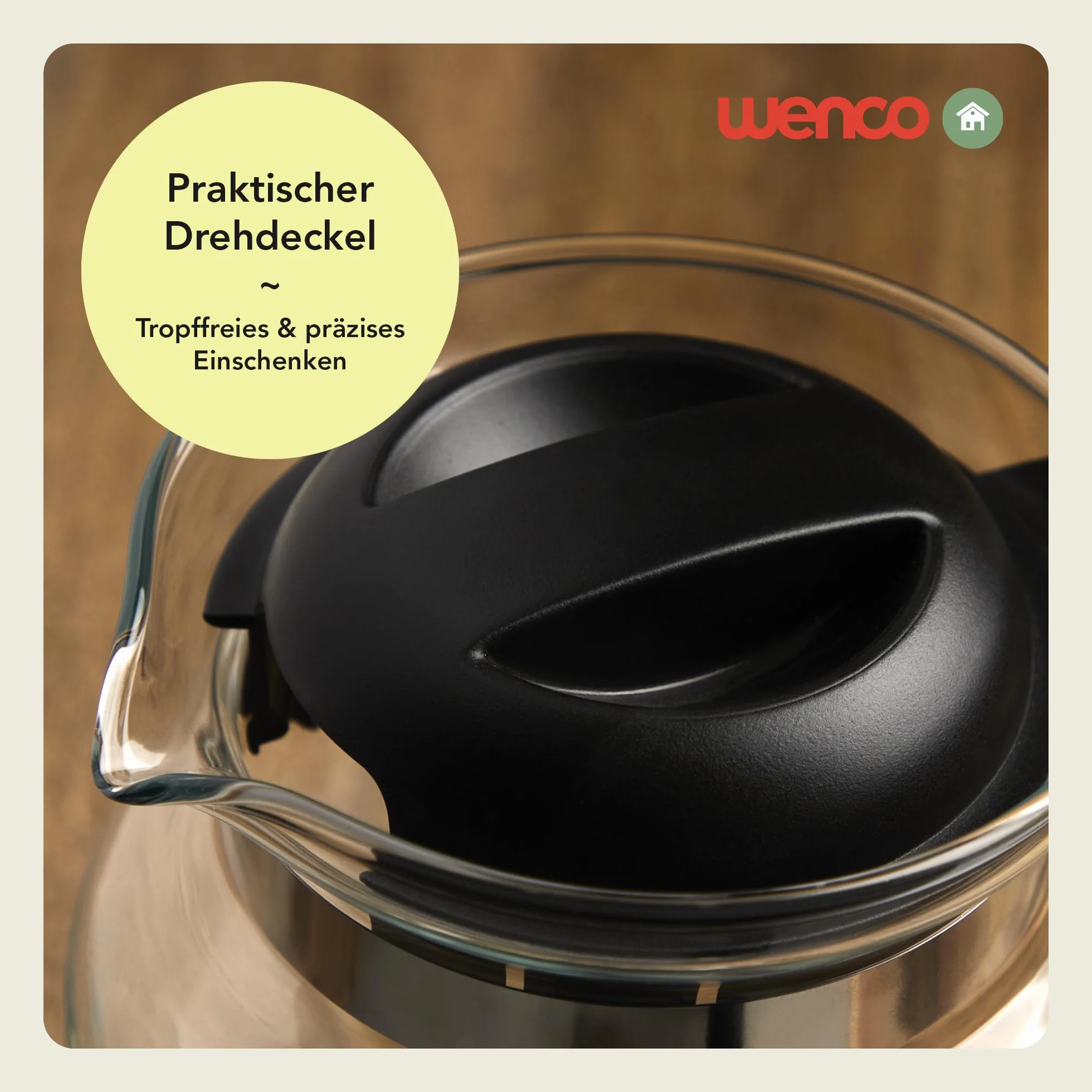 Wenco Caraffa in vetro da 1,25 l, ideale per tè, caffè e bevande fredde, resistente al calore, con coperchio e apertura beccuccio, lavabile in lavastoviglie e infrangibile, trasparente/nero