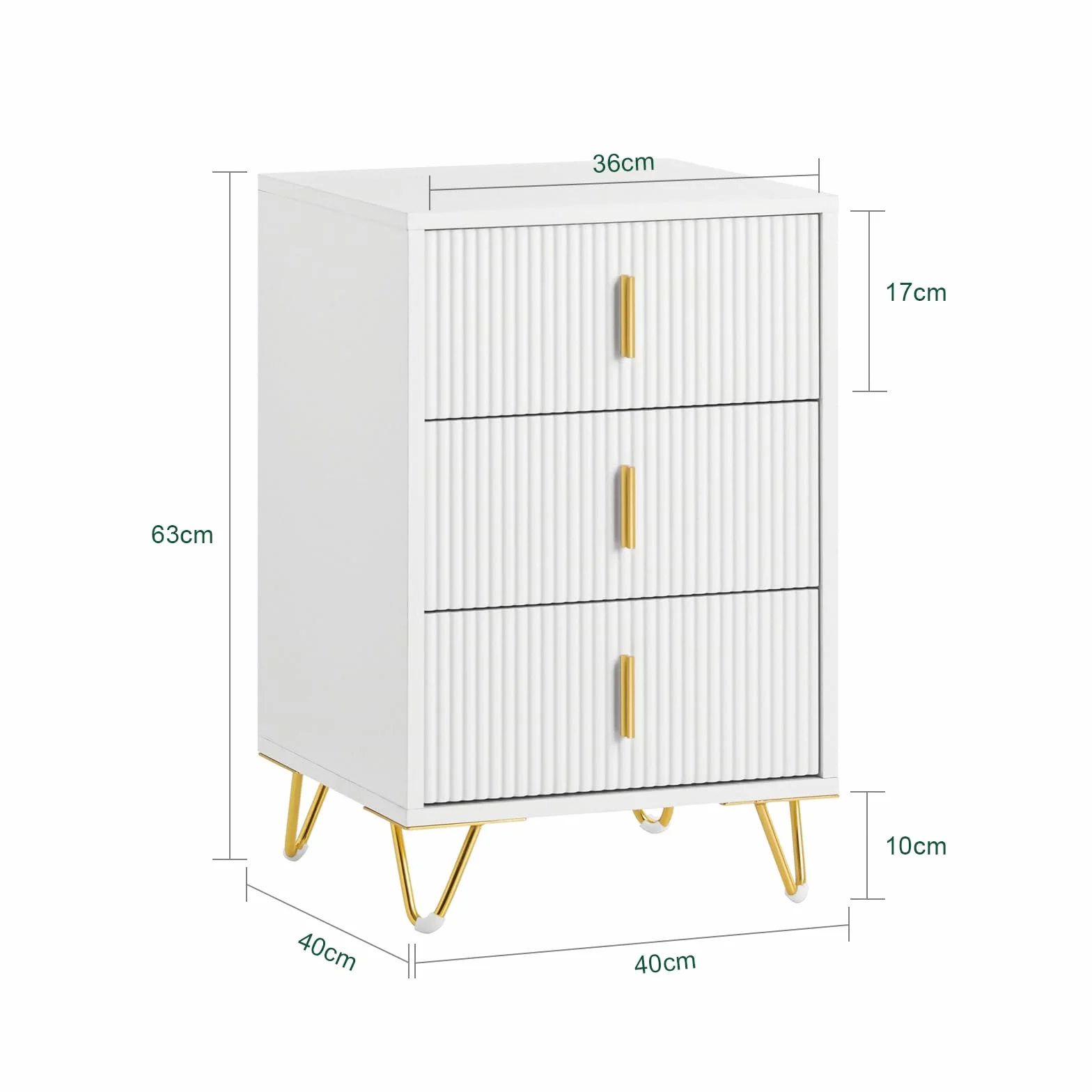 SoBuy Comodino camera da letto con 3 cassetti, 63 cm altezza ergonomica & 33 kg capacità, tavolino da letto per camera e soggiorno, ideale per piccoli spazi, bianco, 40 x 40 x 63 cm, FBT115-L-W