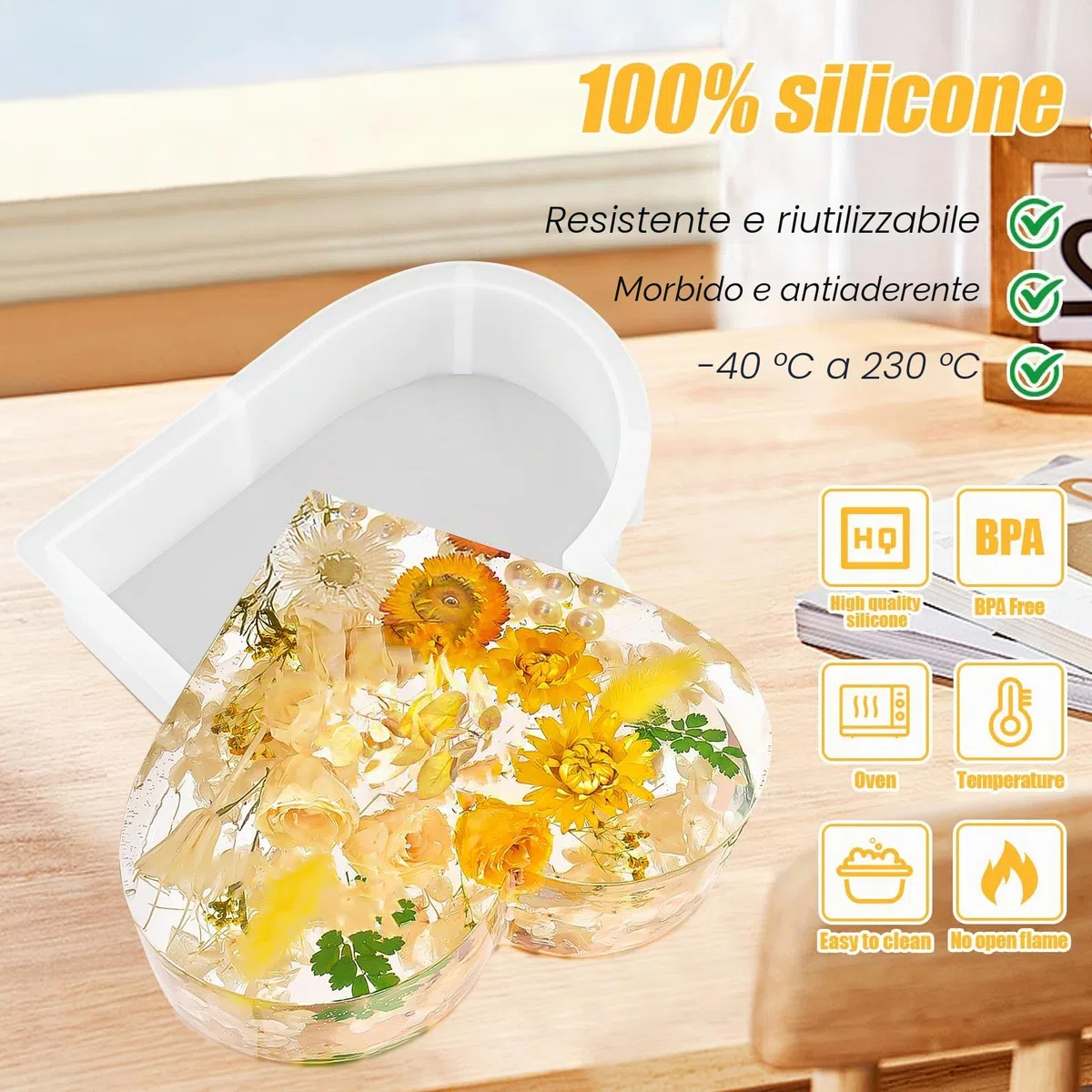 AKONE Stampi in silicone epossidico a forma di cuore, grandi stampi in resina epossidica, grandi stampi in silicone, a forma di cuore 3D, decorazioni per fiori secchi, fermalibri in resina per