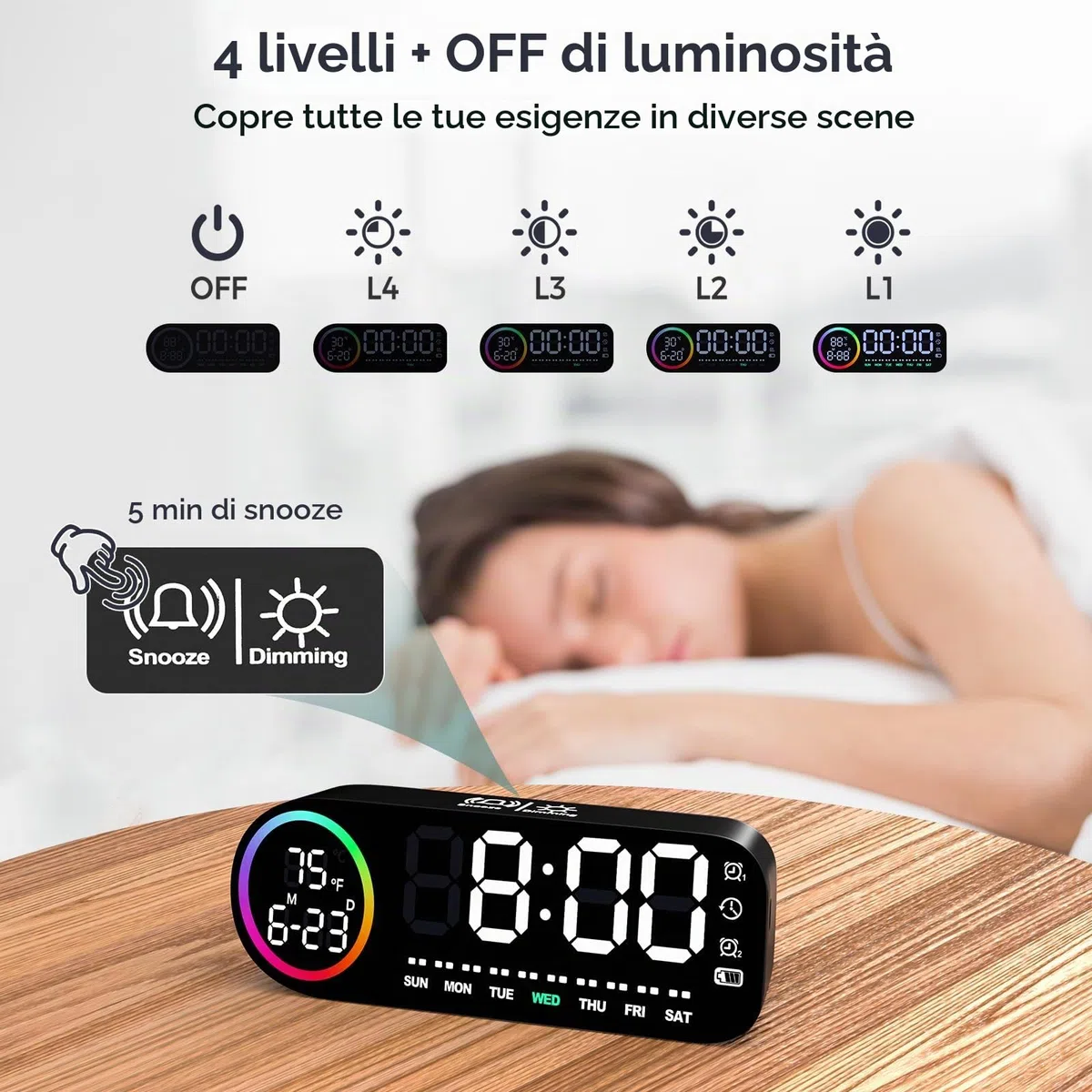 Vinabo Sveglia digitale con luce notturna a 7 colori, 4 livelli di luminosità, ampio display a LED della temperatura, controllo vocale, 12/24 ore, porta USB, snooze, memoria di spegnimento (Nero)