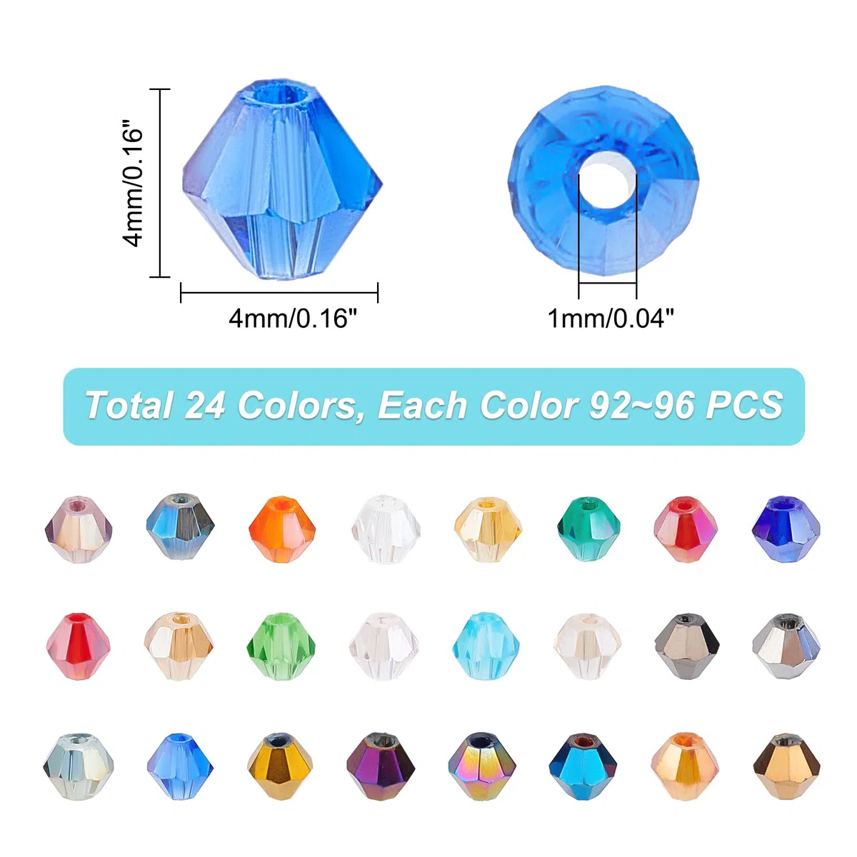 PH PandaHall 2208~2304pz Perline di Vetro Sfaccettato 24 Colori Perline di Cristallo, 4mm Perlines Distanziatrici Placcato Arcobaleno per Braccialetti Collana Gioielli Fai Da Te, Foro: 1 mm