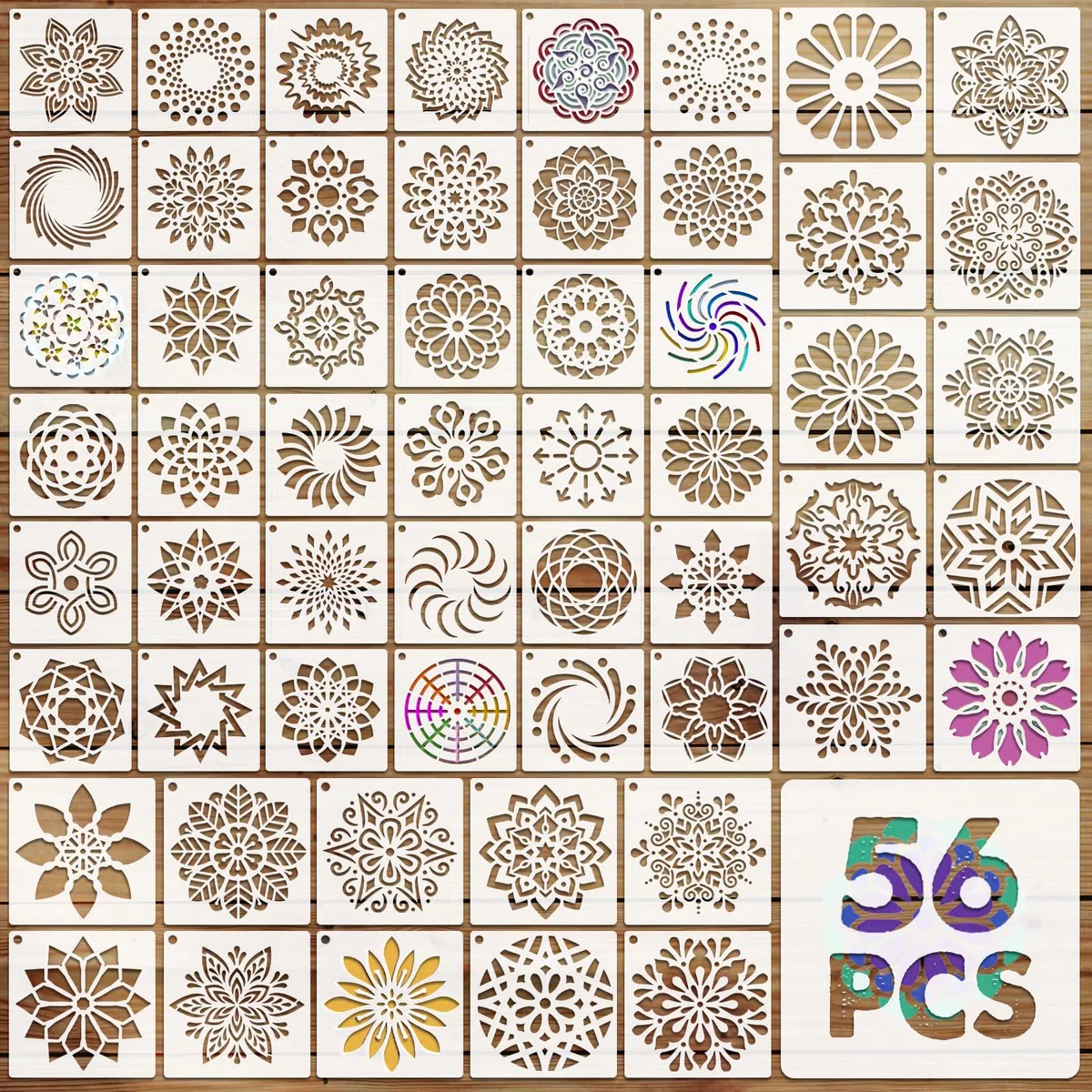 56 Pezzi Stencil Mandala per Pittura, Art Modello Piccoli da Muro da Pitturare, Geometrici Stencils Diseños Riutilizzabile per Mobili Legno Tessuti Decor, 9cm e 7,6cm