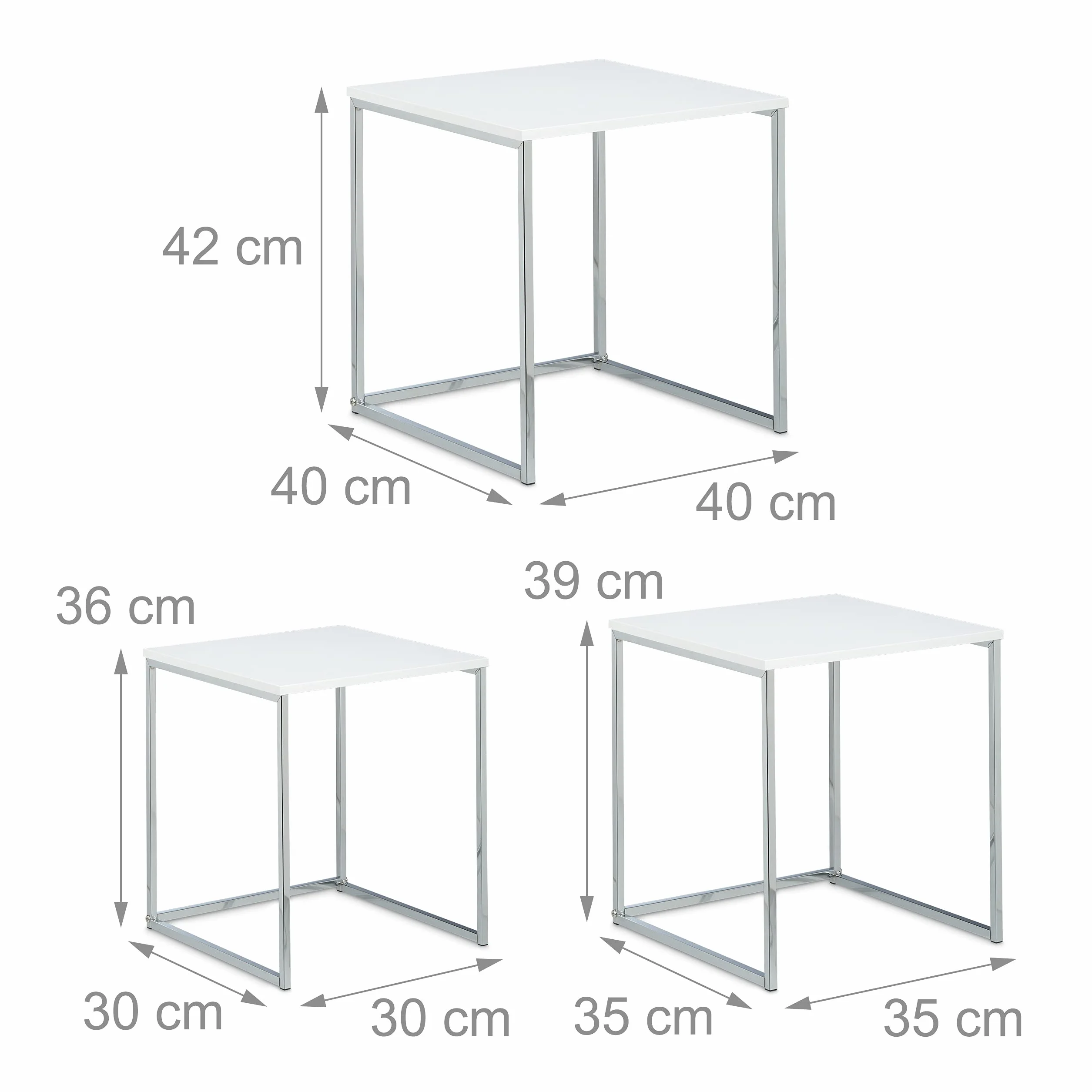 Relaxdays Tavolini da Salotto, Set da 3, Sovrapponibili, Multiuso, H x L x P: 42 x 40 x 40 cm, da Divano, Bianco
