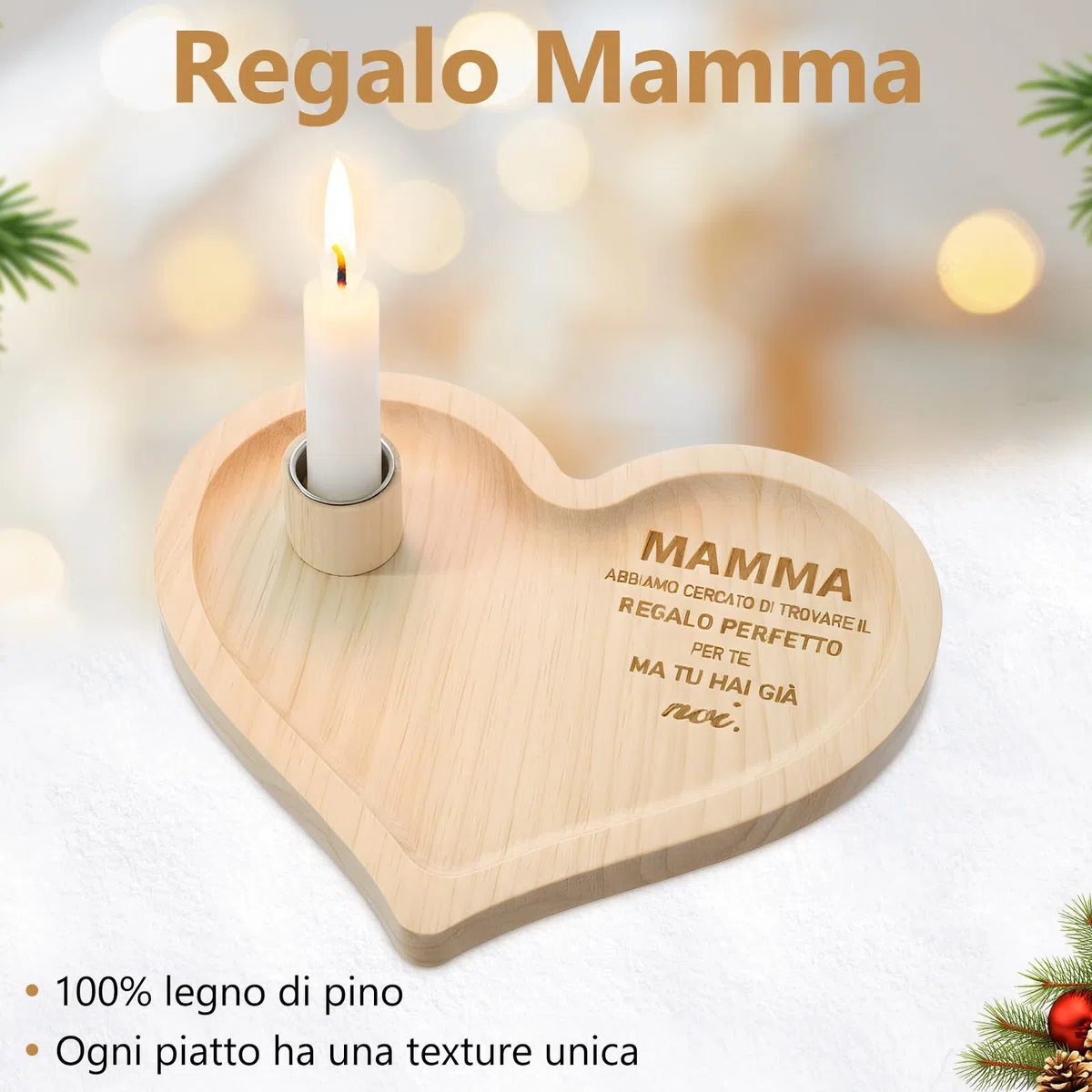 Photect Regalo Mamma Idee Regali Natale Mamma Vassoio a Forma di Cuore con Candele e Candelieri Originale Decorazione Casa per Compleanno Natale Anniversario Matrigna Suocera Nonna
