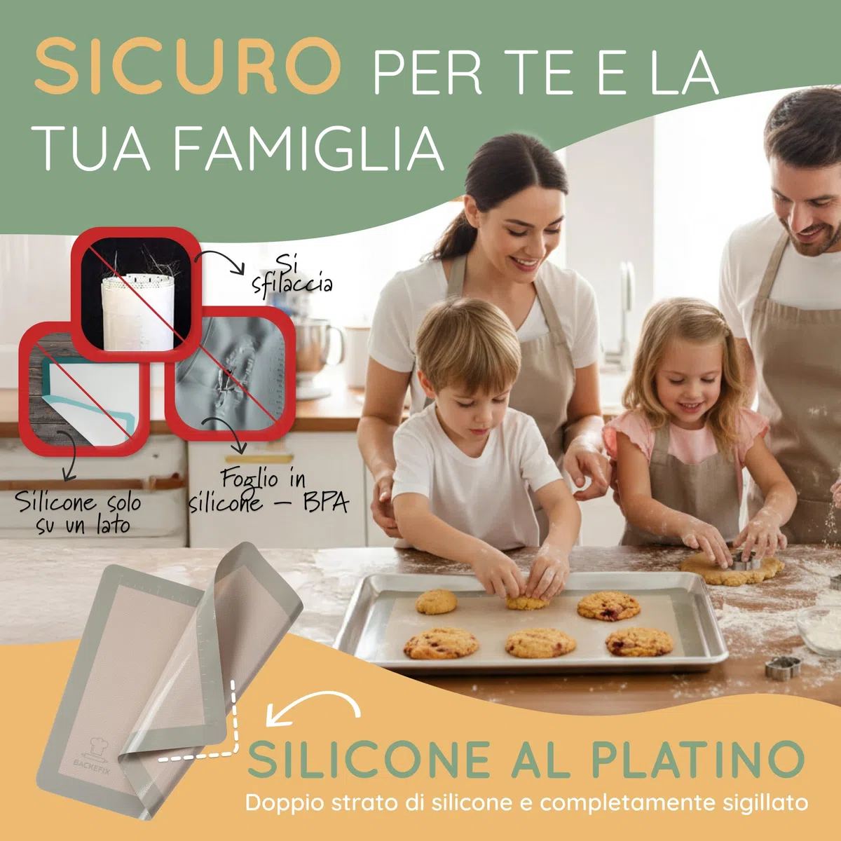 Backefix Tappetino da forno in silicone, 40 x 30 cm, verde, di alta qualità, in silicone platinico, come carta da forno riutilizzabile, privo di teflon, BPA e PFAS, antiaderente, lavabile in