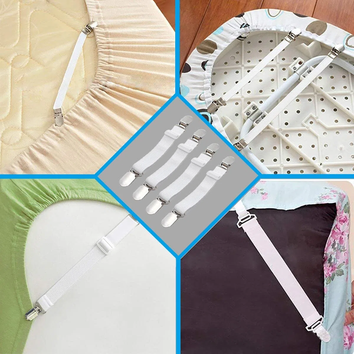 CINGHIA Clip Lenzuola,12 Pezzi Tenditori Regolabili per Lenzuola,Elastici per ASSE da Stiro,Regolabile,con Clip in Metallo Tenditore per Materassi per Lenzuola Bianco