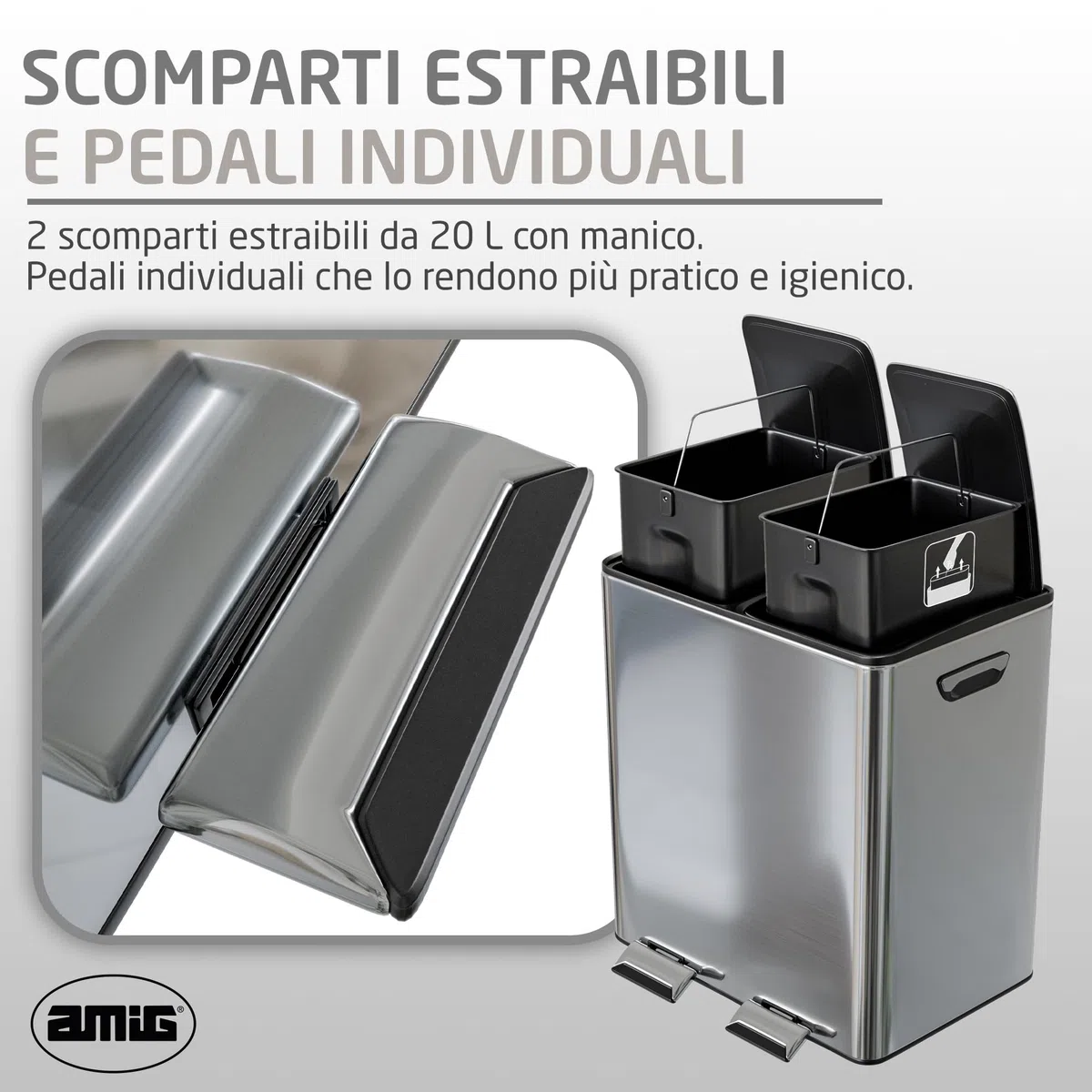 Amig - Pattumiera Doppia per Raccolta Differenziata con Pedali Mod. RECIK EVO 40 L - 2 Scomparti da 20 L ciascuno - Acciaio Inossidabile - 45 x 30 x 52 cm - Argento