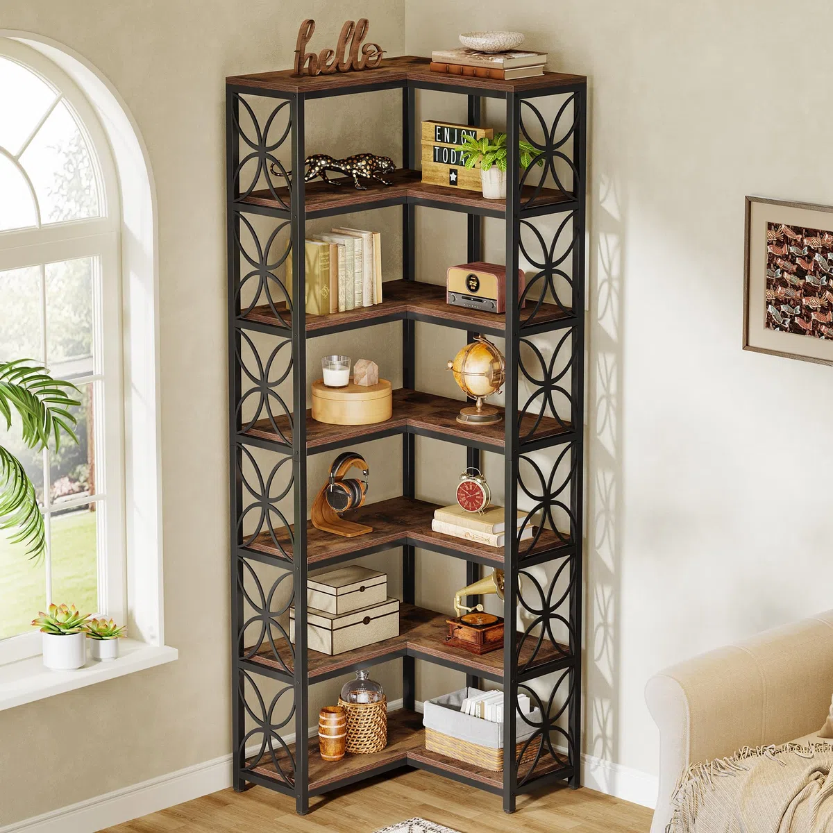 Tribesigns Libreria Angolare da 200 cm, Scaffale Angolare a Forma di L in Legno con 7 Ripiani, Stile Industriale, Angoliera Soggiorno per Soggiorno, Cucina, Ufficio, Marrone Rustico e Nero