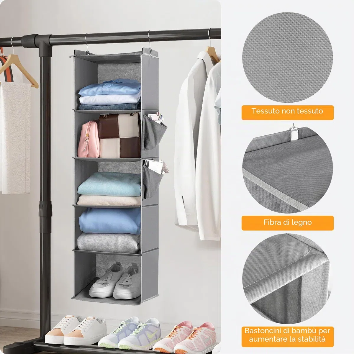 Cozary Organizer Armadio da Appendere 5 Ripiani, Organizzatore Armadio Pieghevole, Organizer da Appendere con Ganci in Metallo, per Camera da Letto- Grigio