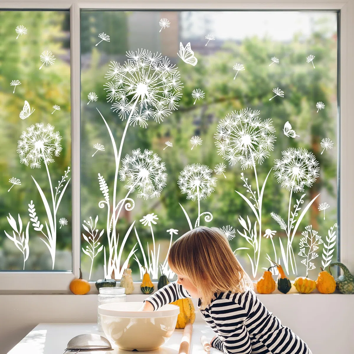 Supzone Bianco Adesivi Finestra Vetrofanie Dente di leone Farfalla Fiori Decorazioni Primavera e Estate, Decorazioni per Vetri Anti-Uccelli Adesivi Statici per Finestre
