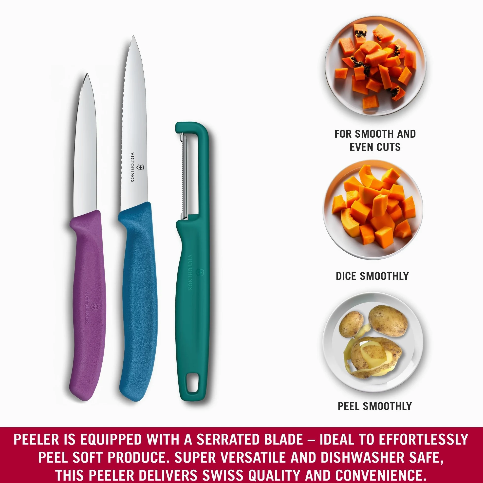 Victorinox Swiss Classic Set di coltelli per verdure con pelapatate, spelucchino e coltello per pomodori, 3 pezzi, lama diritta e seghettata, acciaio inox, Colorato