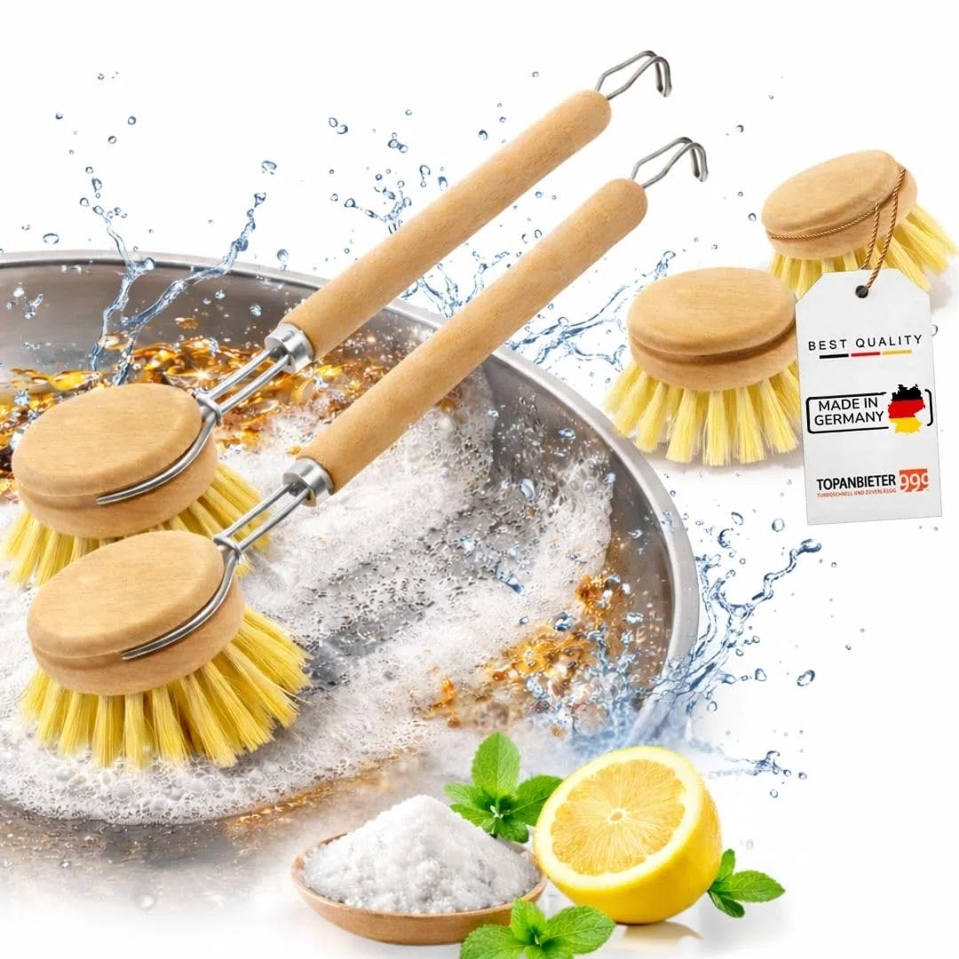 Spazzola per stoviglie in legno con testa intercambiabile, set di 4, 2 teste di ricambio con setole naturali, spazzola per stoviglie sostenibile e per lavare, spazzola da cucina in legno, prodotta in