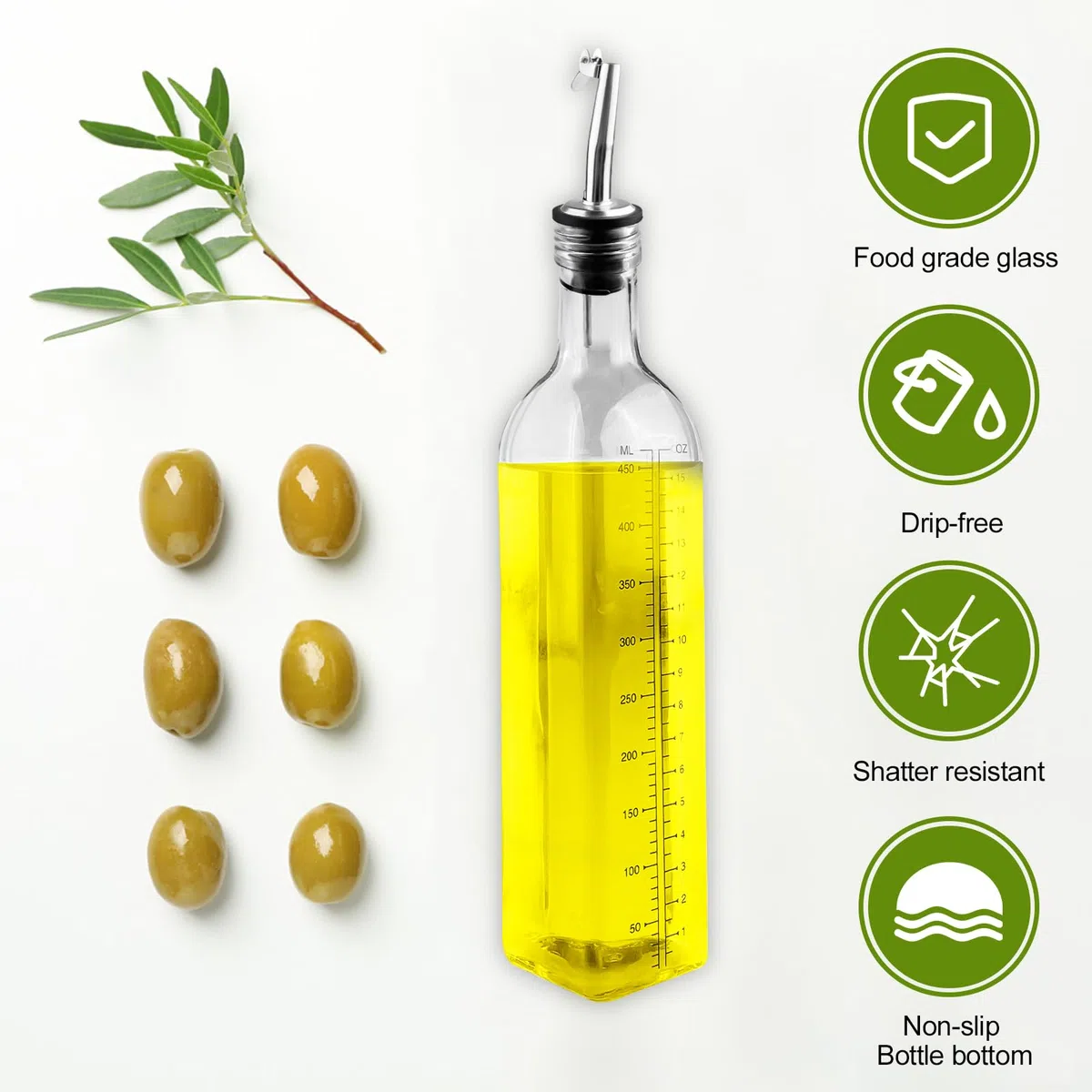 Gvolatee 2PCS oliera salvagoccia 500ml, dispenser olio d'Oliva e Aceto con beccuccio, Imbuto in Acciaio Inossidabile, etichette, dosatore Trasparente bottiglie vetro per Cucina, BBQ, insalate
