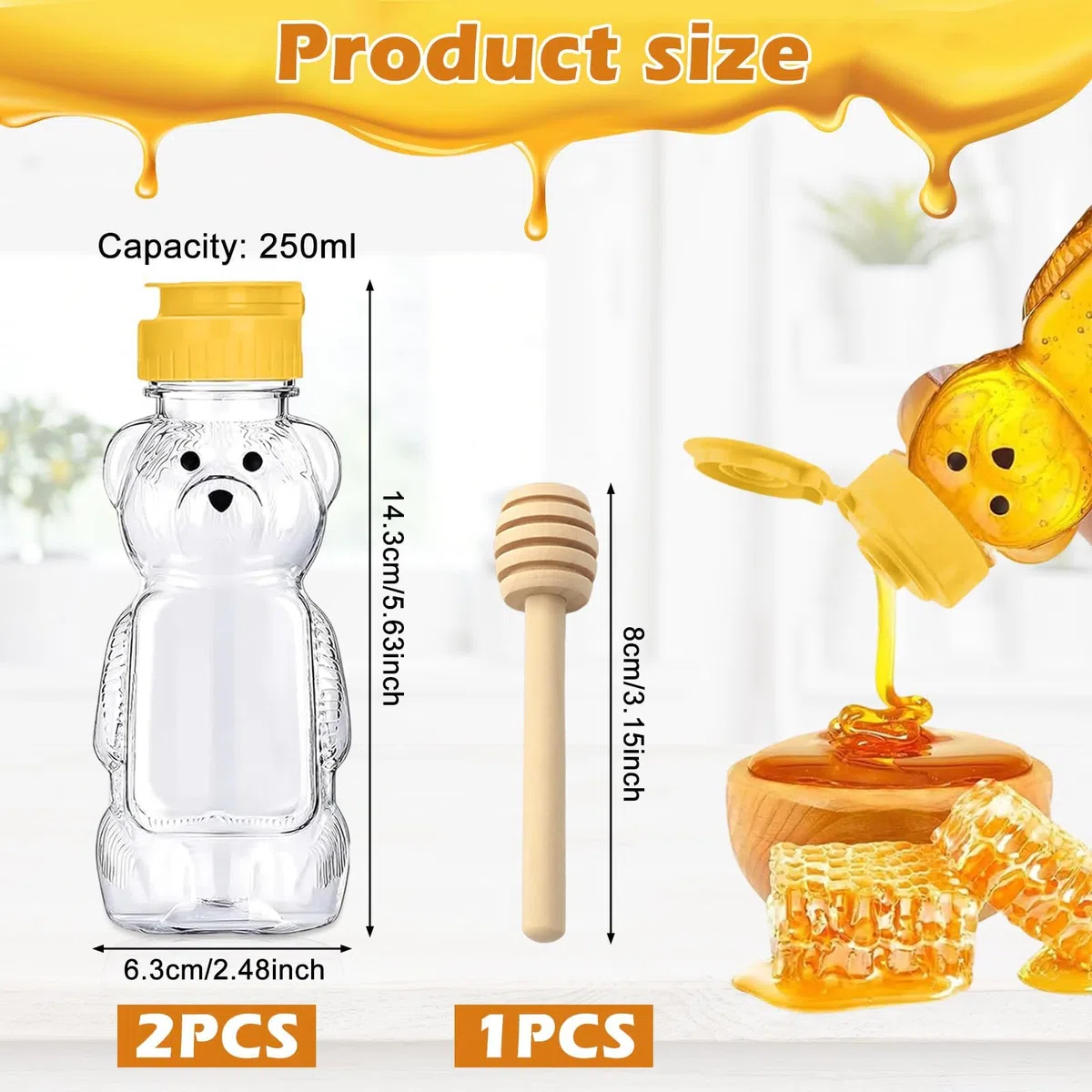 Dosatore Miele 2 Pezzi Bottiglie Per Miele in Plastica Trasparente da 250 ML, 1 Pezzi Mescolatore di legno del, Dispenser per Sciroppo, Per Conservare ed Erogare