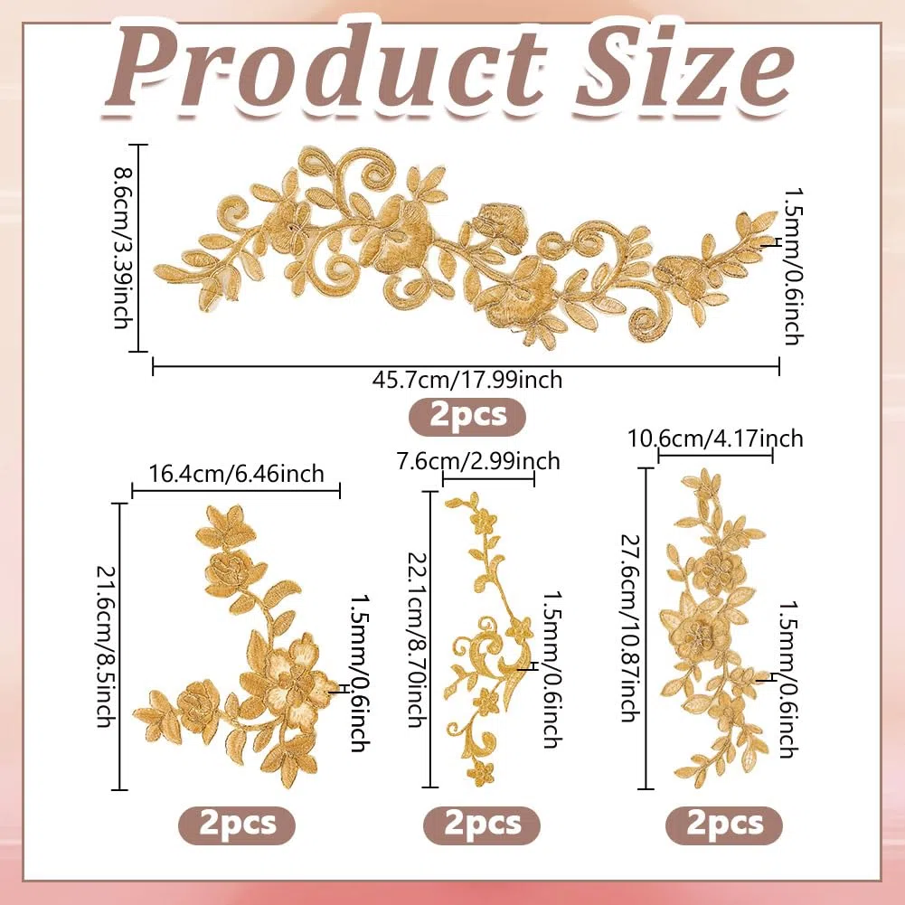 NBEADS 8 Pz 4 Stili Toppe con Fiori In Pizzo Ricamato, Toppe Cucite Applicazioni di Pizzo Floreale Dorato per La Decorazione di Abiti Da Sposa Riparazione di Abbigliamento Zaini Jeans Caps