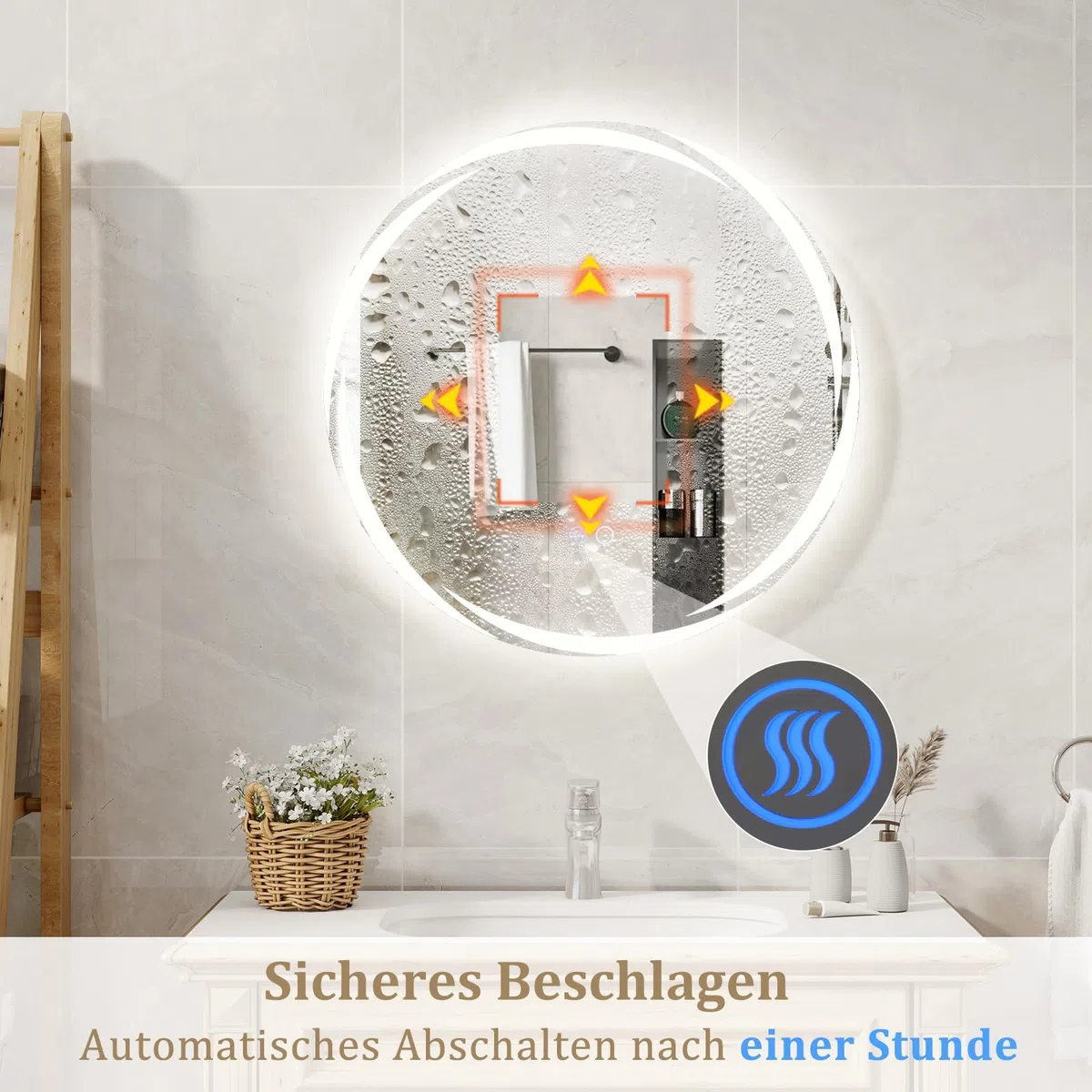FANTASK Specchio da bagno a LED con illuminazione, 60 cm, rotondo, anti-appannamento, da parete, dimmerabile, con interruttore touch e funzione memoria, per bagno, ovale, 60 L x 60 B cm