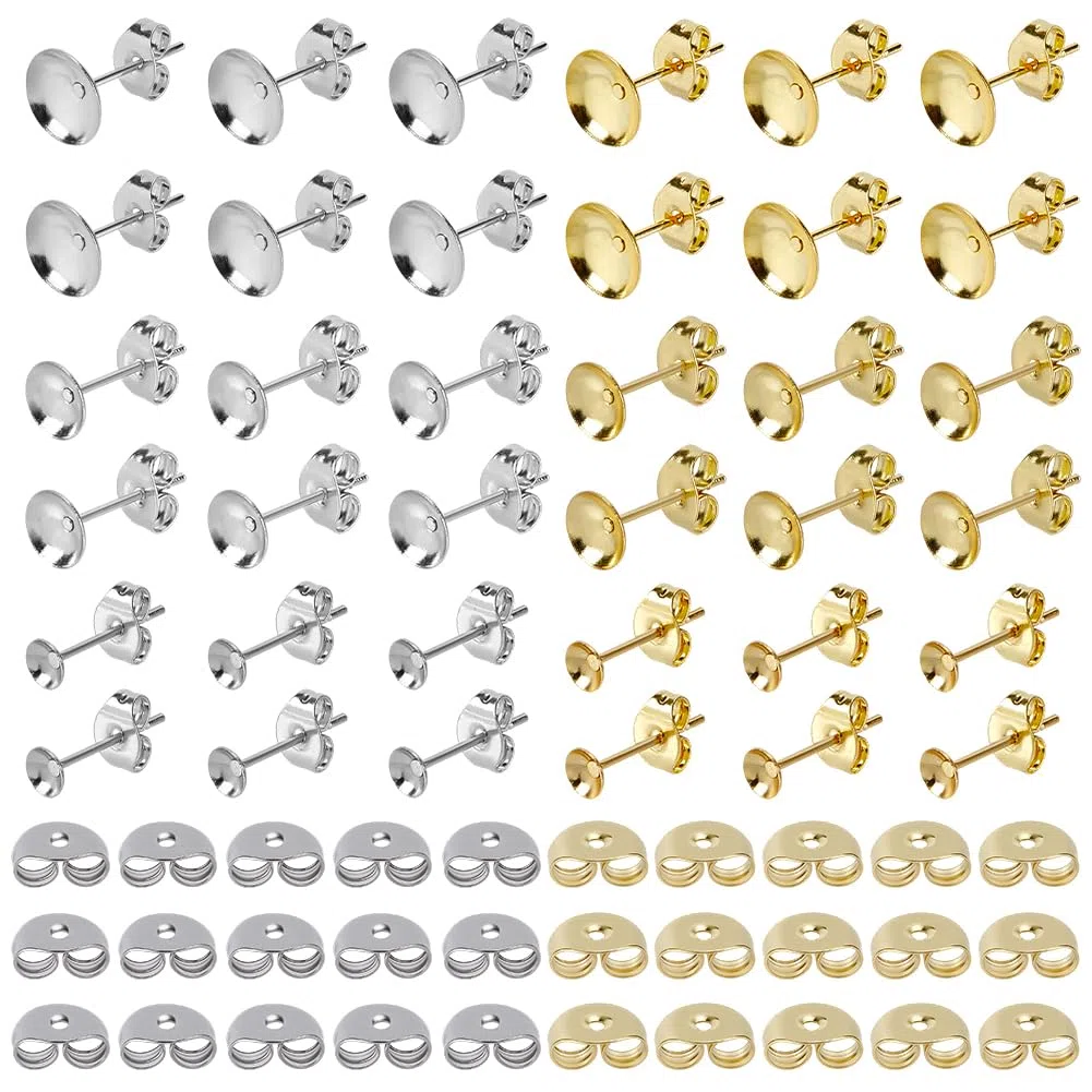 1 scatola Da 140 pezzi Da 4/6/8mm In Acciaio Inossidabile per Orecchini Perni per Orecchini Vuoti con Base Semicircolare In Oro e Argento per La Creazione di Gioielli Fai Da Te Artigianato Do