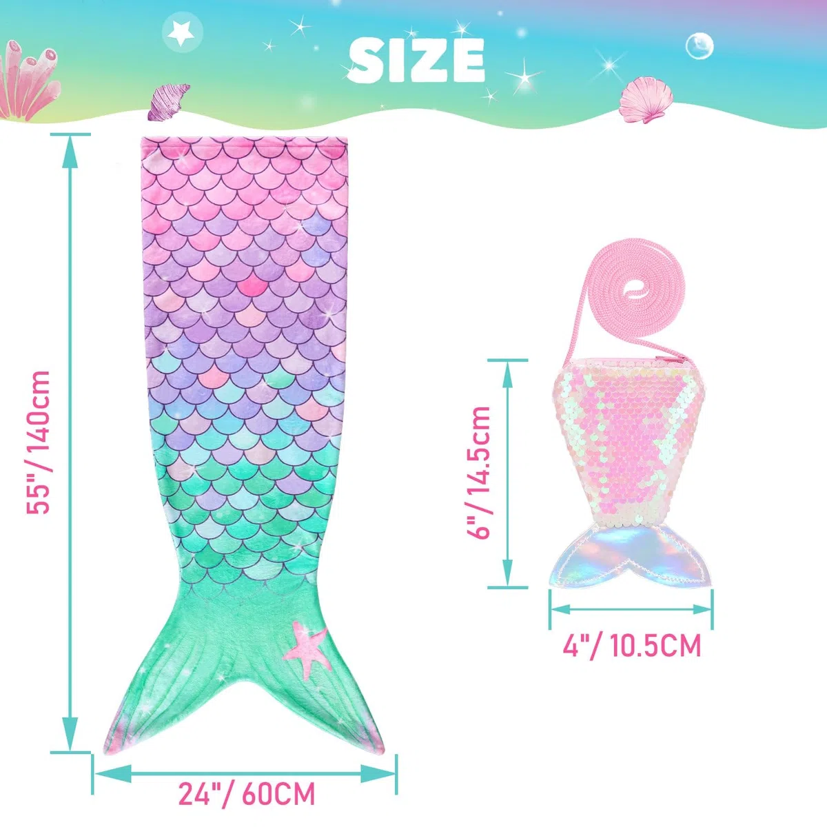 WERNNSAI Coperta con Coda di Sirena per Bambini - Coperta Indossabile con Sirena in Peluche con Paillettes Borsello portamonete 140 x 60 cm Sacco a Pelo Calda per Adolescenti Regalo (Rosa & Grün)