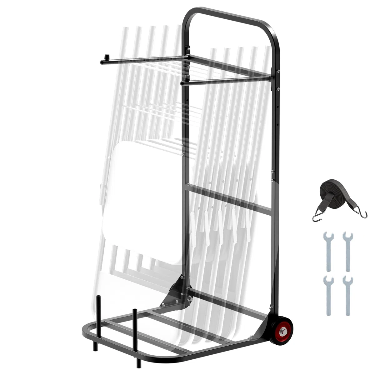 VEVOR Porta Sedie Pieghevole, Capacità 45 kg, Carrello per Sedie Resistente per Appendere 10 Sedie, Carrello Porta Sedie in Metallo Multifunzione con Ruote in Gomma, Supporto per Sedia a Spinta, Nero
