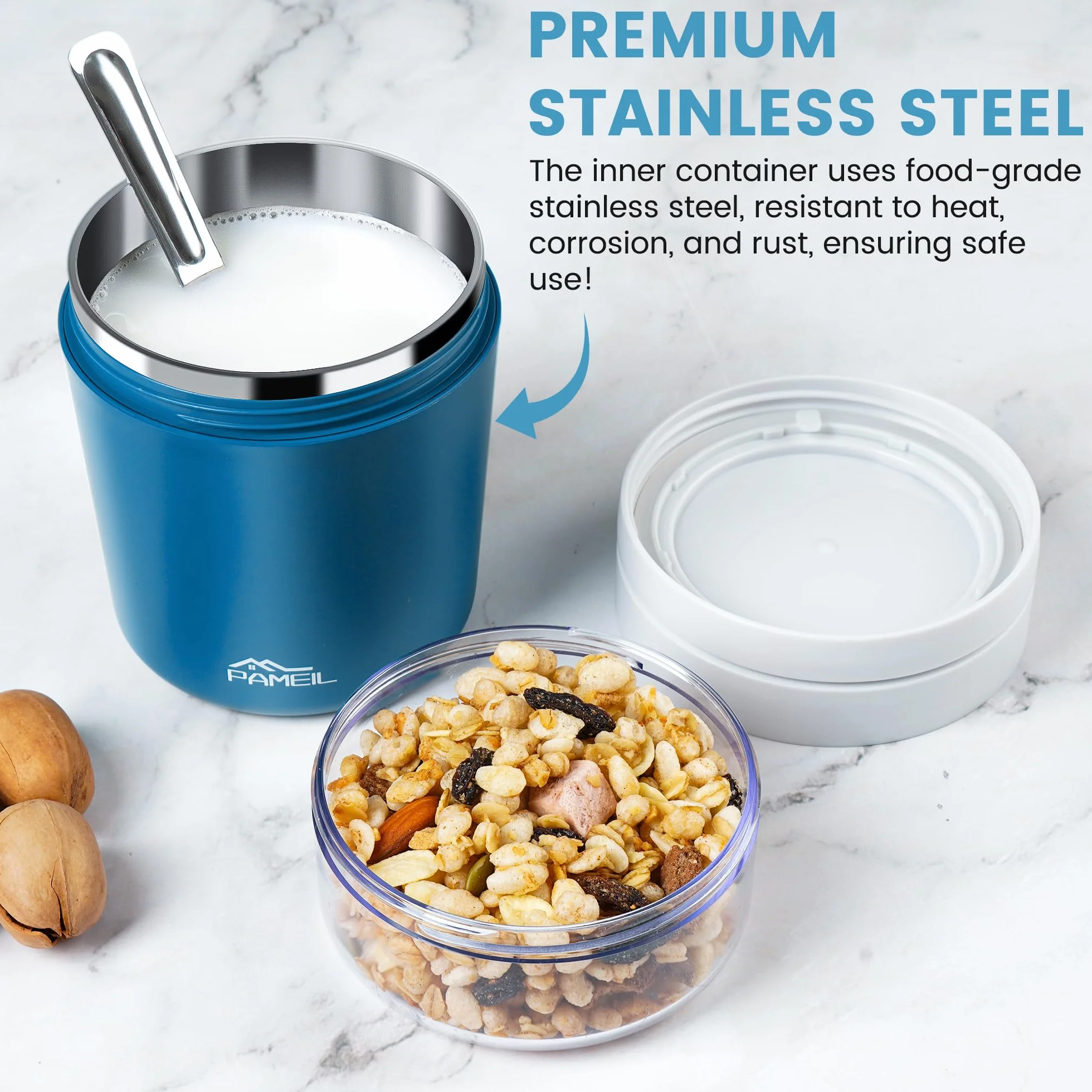Tazza per cereali,tazza per yogurt portatile a prova di perdite con parete interna isolata in acciaio inossidabile da 500ml+200 ml,tazza per cereali da portare con sé con cucchiaio adatta per lavoro