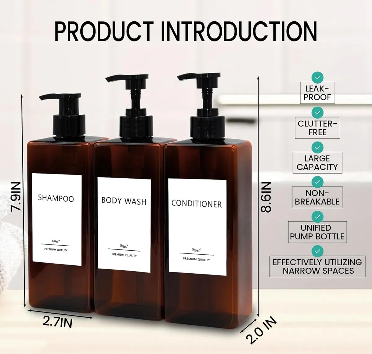 Set di dispenser per shampoo e balsamo, confezione da 3 flaconi ricaricabili per shampoo e balsamo con etichette, dispenser di sapone da 500 ml, dispenser per doccia, bottiglia quadrata a pompa per