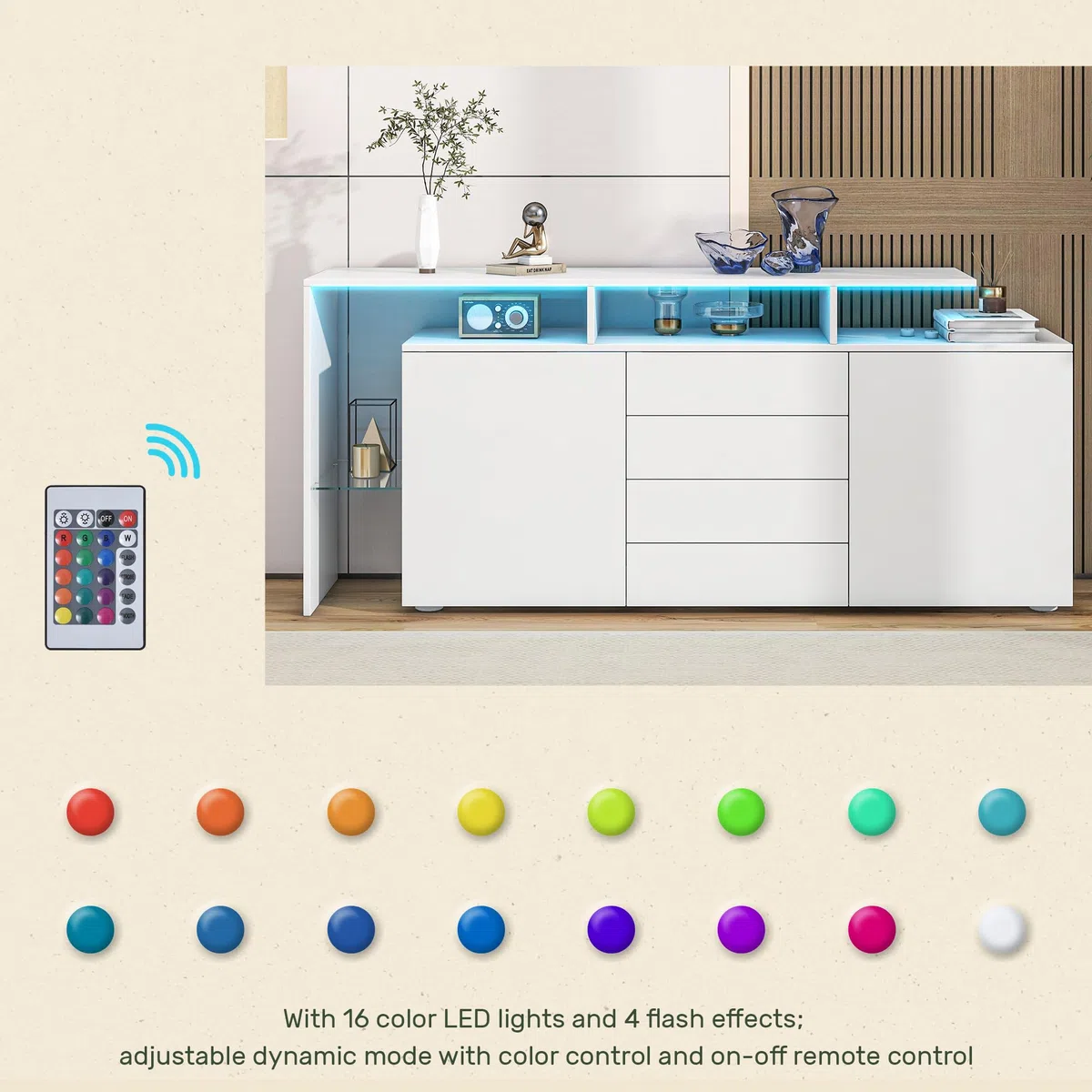 Credenza Soggiorno Moderno Lucida, Credenza Cucina Bianca con LED, Mobile Soggiorno Contenitore Buffet Cucina Salvaspazio con 2 Ante e 4 Cassetti, con Divisori in Vetro, Bianco, 160x35x70cm