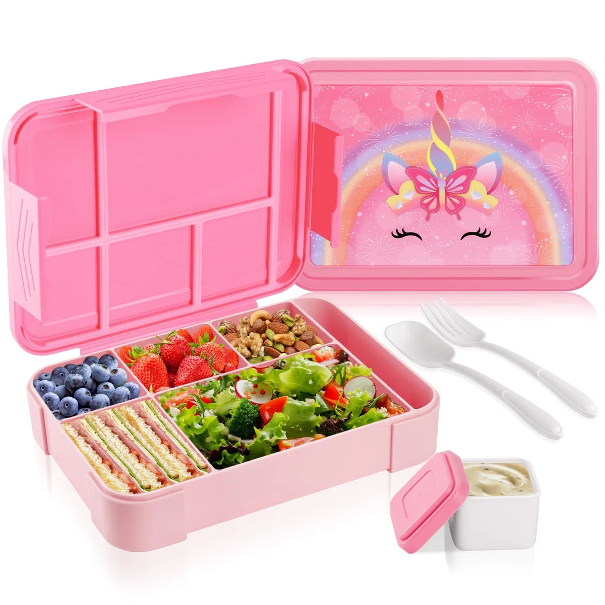 JYPS Porta Merenda Bambino, 1330ml Porta Pranzo Bambini, Lunch Box Bambina Con 6 Scomparti, Portamerenda Bambina Per Scuola, Portavivande Con Posate, Bento Box Senza BPA (Unicorno)
