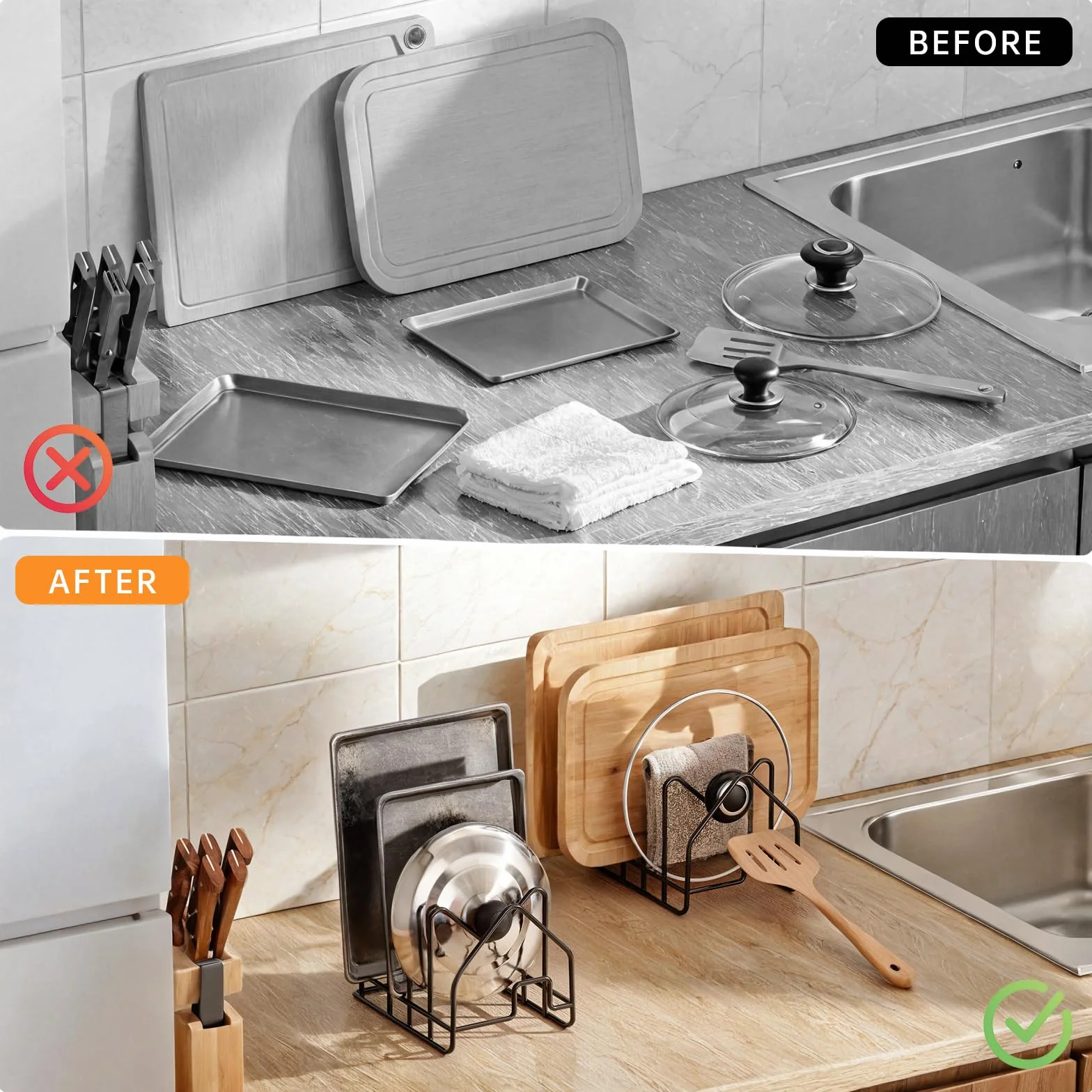 PAVSTINE Porta Taglieri da Cucina Con 4 Scomparti, Coperchi Pentole Salvaspazio per Conservare da 16-34 cm, Piatti da Interno Mobile, Pot Lid Holder, Nero
