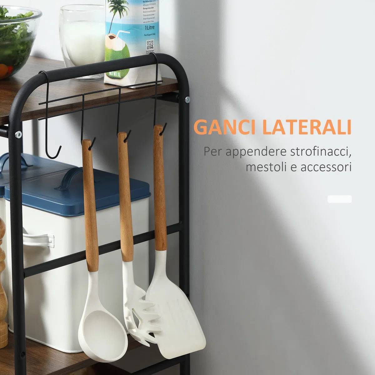 HOMCOM Carrello da Cucina Portavivande Stile Industriale con 4 Ruote, 2 Cestini e 4 Ganci, 60x38x85.5cm, Marrone Nero