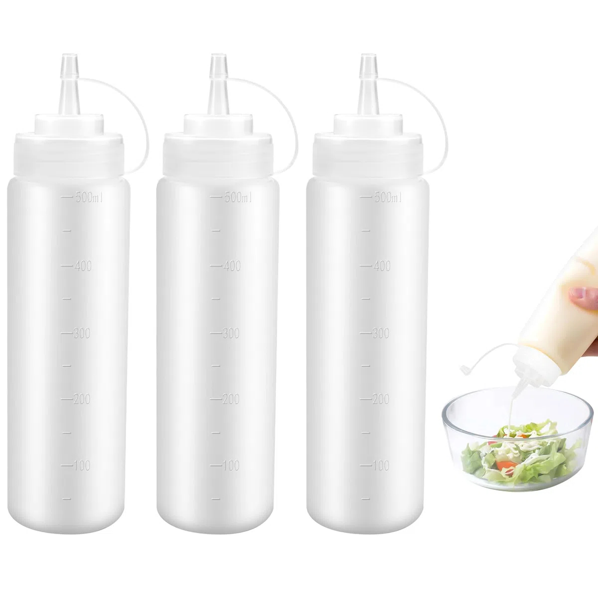 3 Pezzi Bottiglia Squeeze di Plastica,500ml Biberon Cucina,Trasparente Condimento Dispenser,a Prova di Perdite e Senza BPA,Contenitore Oliera Plastica,Bottiglia per Squeeze con Tappi per Ketchup,Salse
