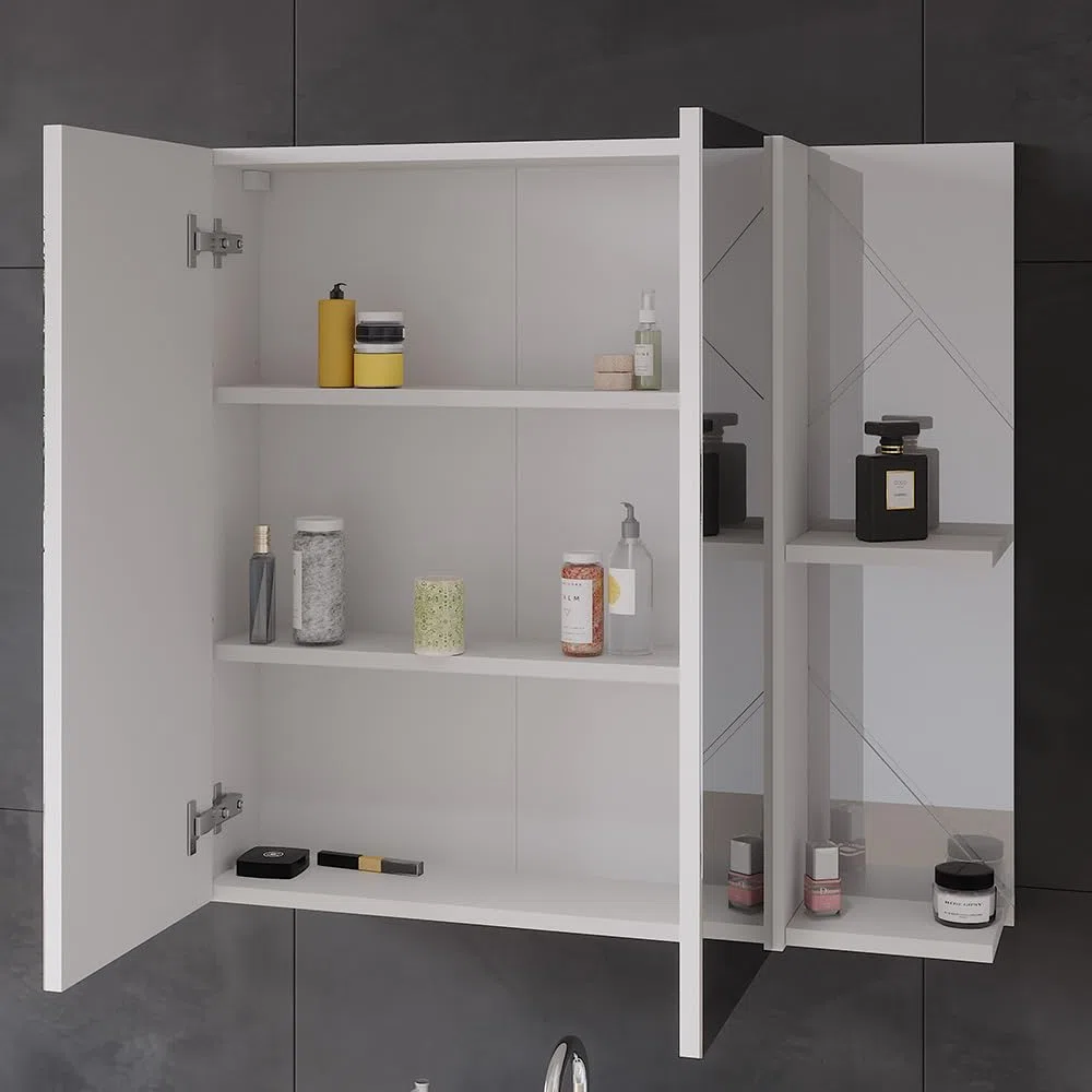 Vicco Mobile a specchio per il bagno Irma, Bianco/bianco lucido, 80 x 75 cm, per montaggio a parete con ripiani aperti e specchio