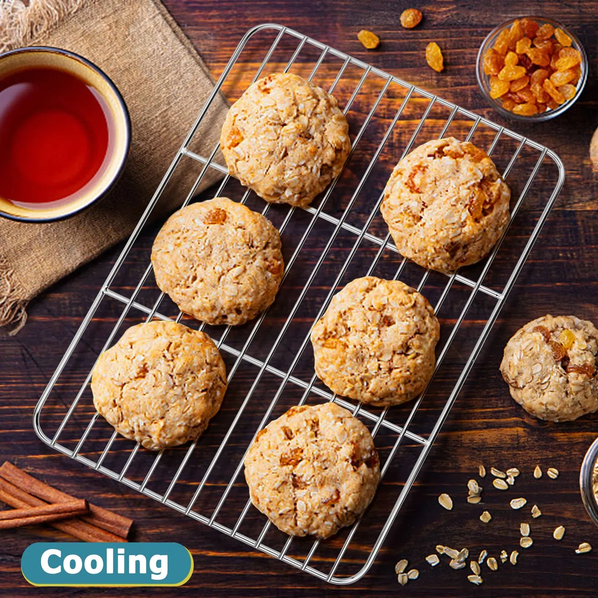 Herogo - Set di 2 griglie di raffreddamento in filo di acciaio inossidabile, per arrostire e raffreddare, 22 x 16 x 1,5 cm, piccola mensola rettangolare per forno per torte, biscotti, pane, adatta al