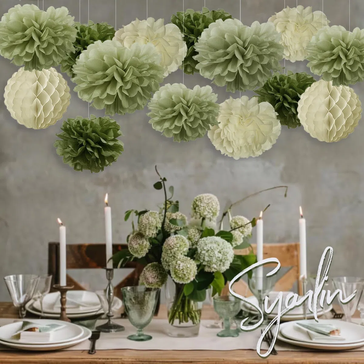 Syoulin Fiori di Carta Giganti [15Pezzi] - Decorazioni per Matrimonio, Battesimo, Compleanno, Giardino - Pon Pon in Carta Velina Floreale per Feste