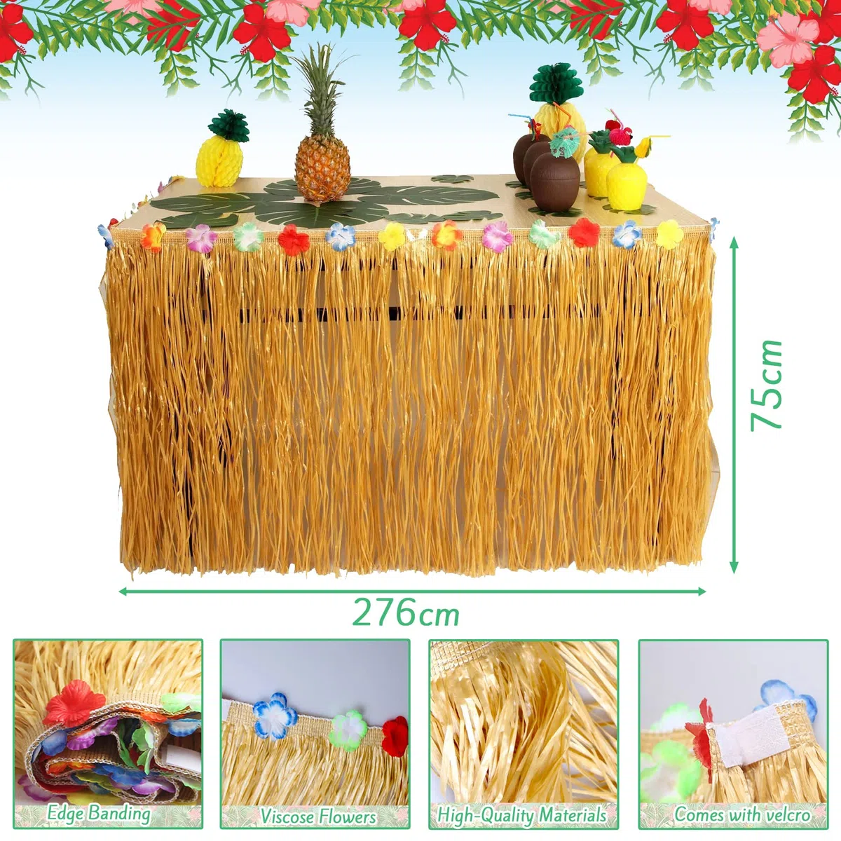 142 Pezzi Gonna Tavolo Hawaiana Gonna da Tavolo Fiori Hawaiani Foglie di Palma Cake Topper Festa Hawaiana,ghirlande Luau banner e Cannucce per Feste Hawaiana,Barbecue Decorazioni da tavola