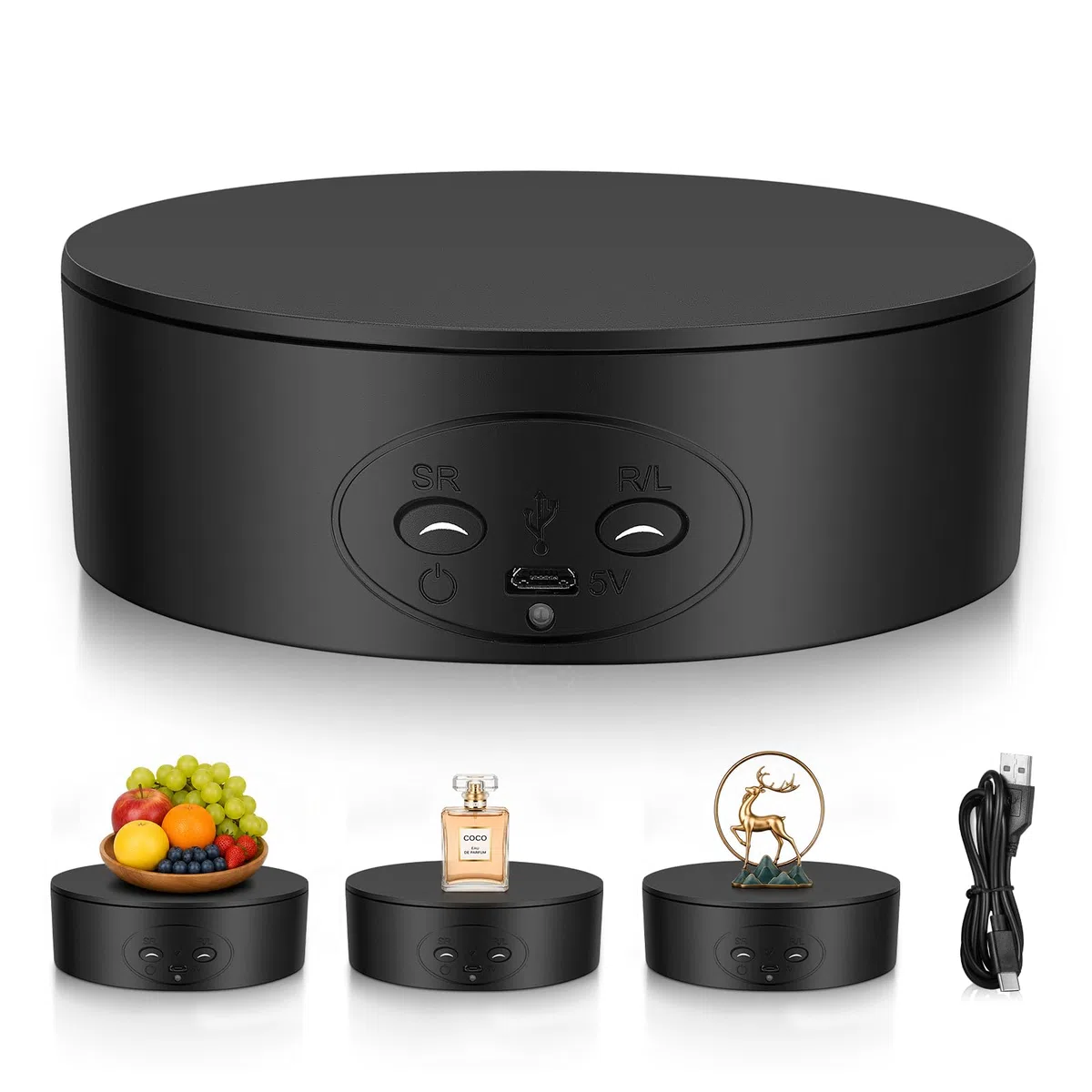 Espositore Girevole Elettrico, Elettrico Rotante Giradischi a 360 Gradi 13 cm, Portata 5 kg Ideale per Fotografia di Prodotti, Giocattoli e Gioielli Alimentazione a Batteria o USB Silenzioso