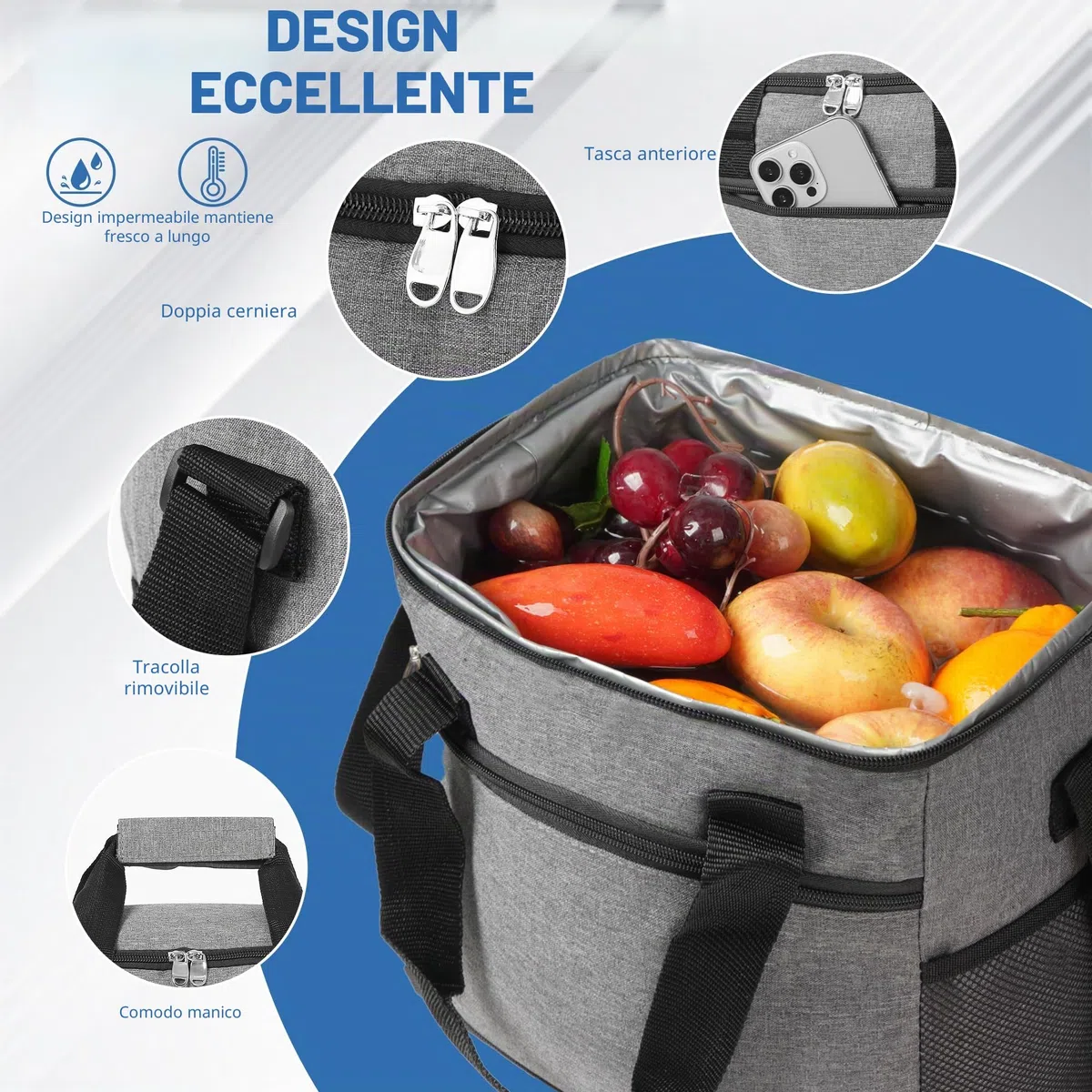 Borsa Termica 15L, Borsa Frigo Piccolo per Uomini Donne Bambini, Cooler Bag Portatile, Borsa Porta Pranzo, Lunch Bag per Ufficio, Picnic, Campeggio, Mare, Barbecue