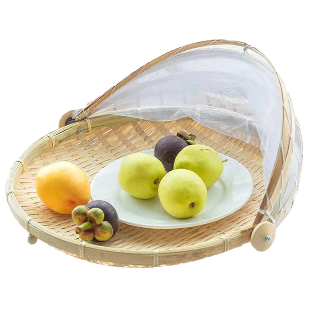 Cesto da frutto a Rete con Tenda Alimentari di Coperchio Bamboo da 11 Pollici con Copertura di Garza in Rete per Verdure Frutta Snack da Dessert Pane