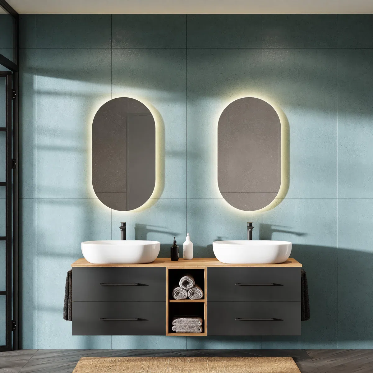Planetmöbel Lux Set di mobili da bagno con lavabo sospeso da 170 cm e 2 lavabi da appoggio da 60 cm di colore bianco, mobili in rovere dorato/antracite