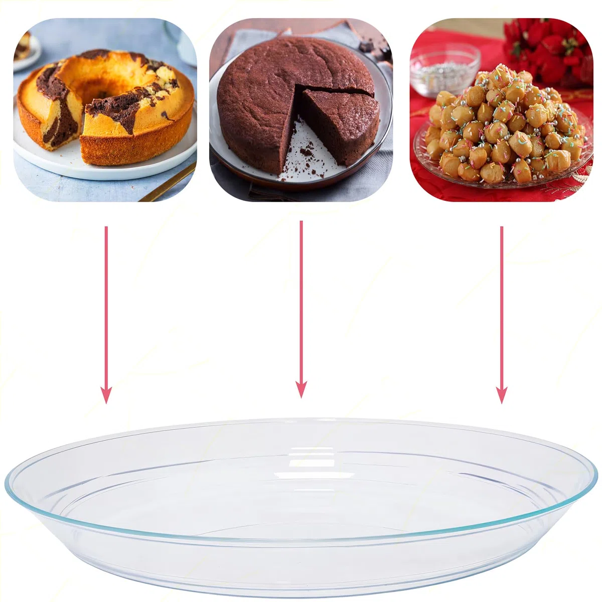 Sicignano 5 Vassoi Bavarese in Plastica Trasparente - Per Dolci, Dessert, Profiterole, Struffoli, Pastiera, Baba, Torta - Riutilizzabili e Facili da Pulire, Infrangibile, Antigraffio (32 cm)