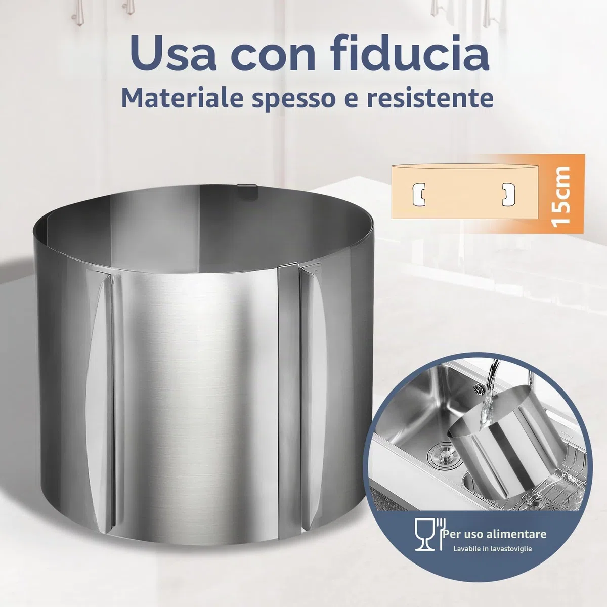KITDAHOM Anello Regolabile per Torte - Stampo da Forno Rotondo 15 cm di Altezza Ø 16-30 cm - Acciaio Inox - Resistente al Calore, Stabile, con Scala - Per Cottura, Decorazione e Modellatura di Torte
