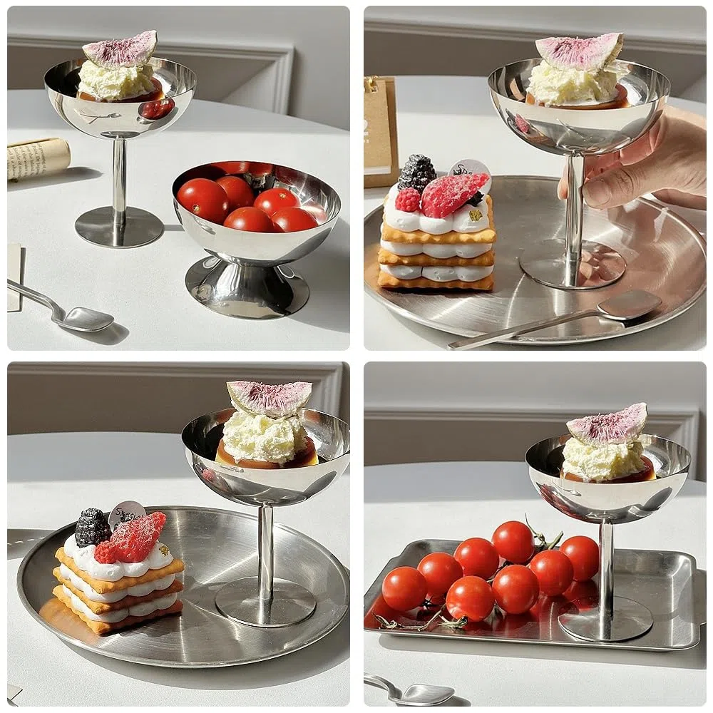 4 Pezzi Coppe Gelato, Ø 10cm 200ml Tazza per Gelato in Acciaio Inossidabile Vintage Ciotola per Gelato Rotondo da Dessert con Piede, Bicchieri da Gelato Yogurt Snack Tazze Caramelle Ciotele (Tall)
