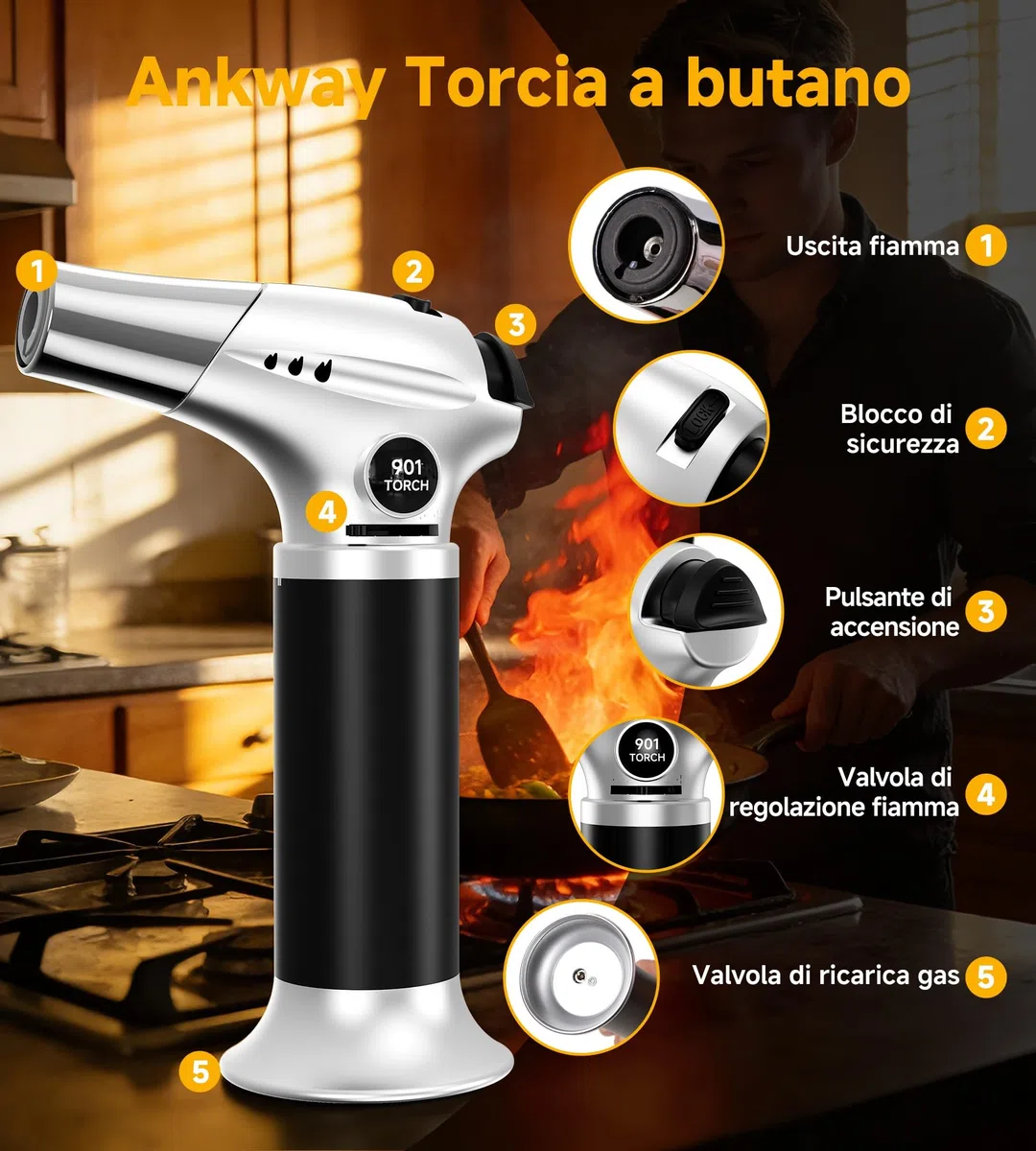 Ankway Cannello da Cucina, Fiamma Ossidrica Portatile con Blocco di Sicurezza e Fiamma Regolabile, Ricaricabile Regolabile per Rendere Croccante e per il Barbecue, Argento-Gas Butano Non Incluso