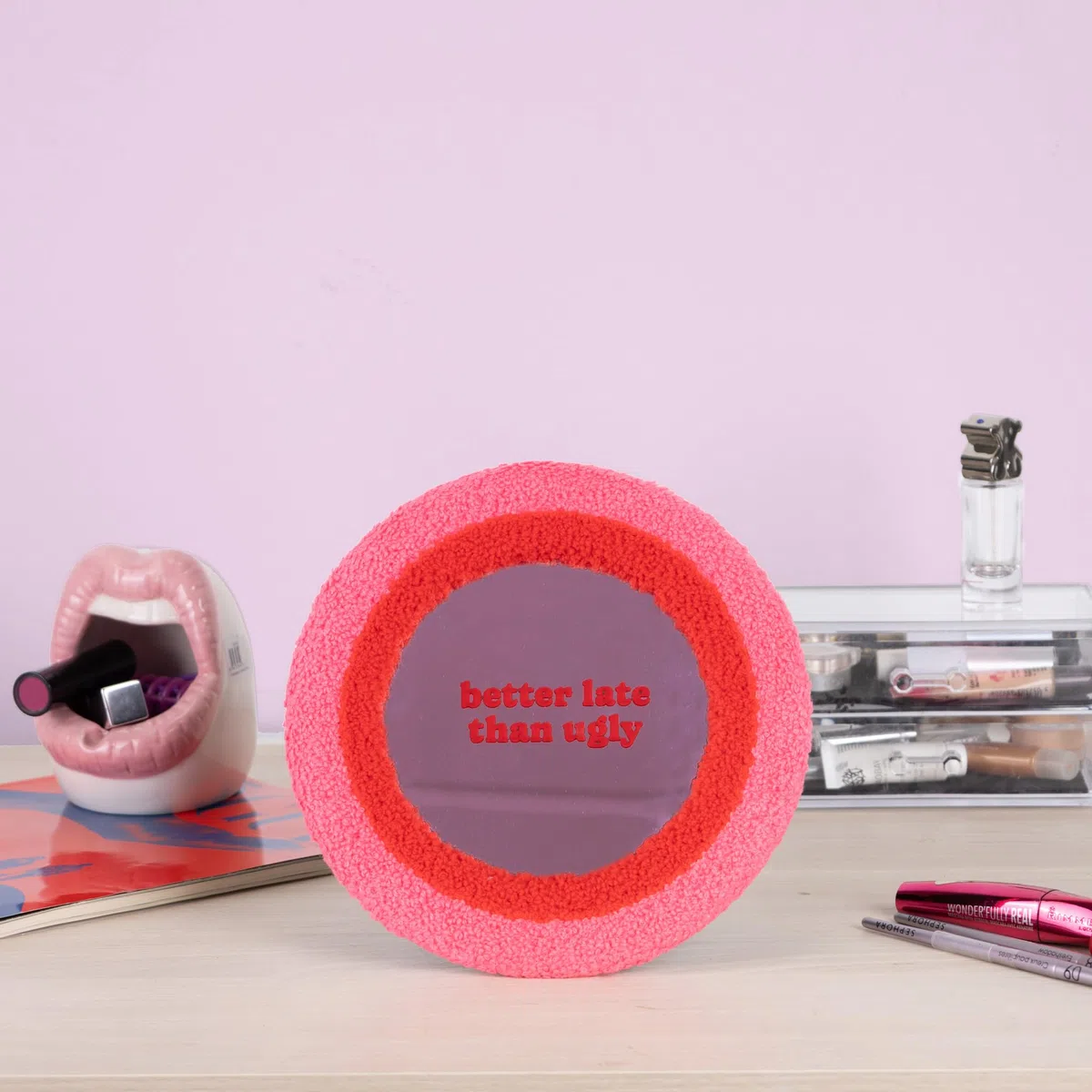 Fisura - Specchio da tavolo originale. Specchio per trucco da 25 centimetri. Specchio decorativo da parete Piccolo specchio da tavolo. (Better late, rosa)